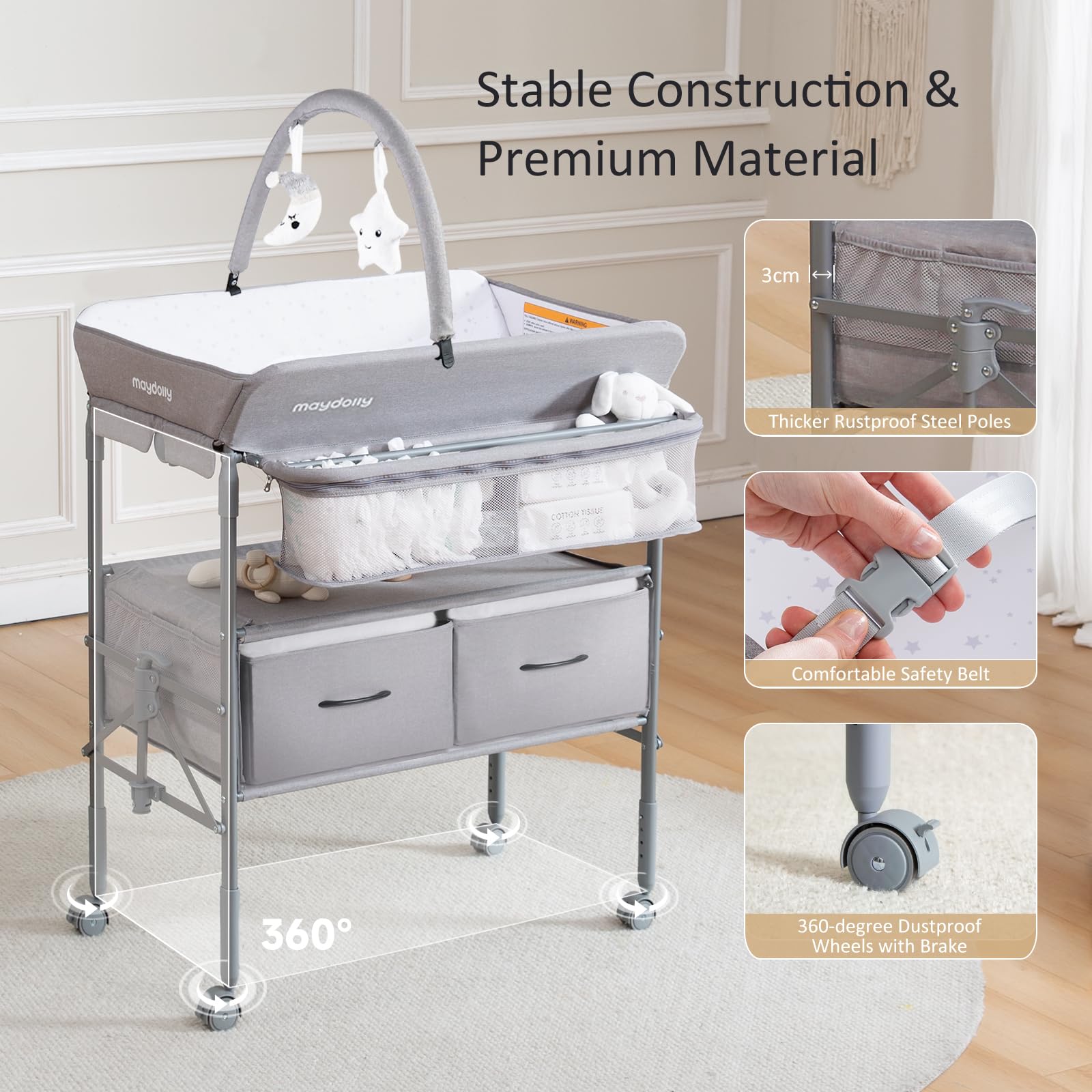 Maydolly Portable Baby Changing Table with Wheels - Adjustable Height, Waterproof, 2 Drawers - Folding Nursery Changing Station for Newborns & Infants (Grey) | Perfect for Home, Daycare & Travel Use