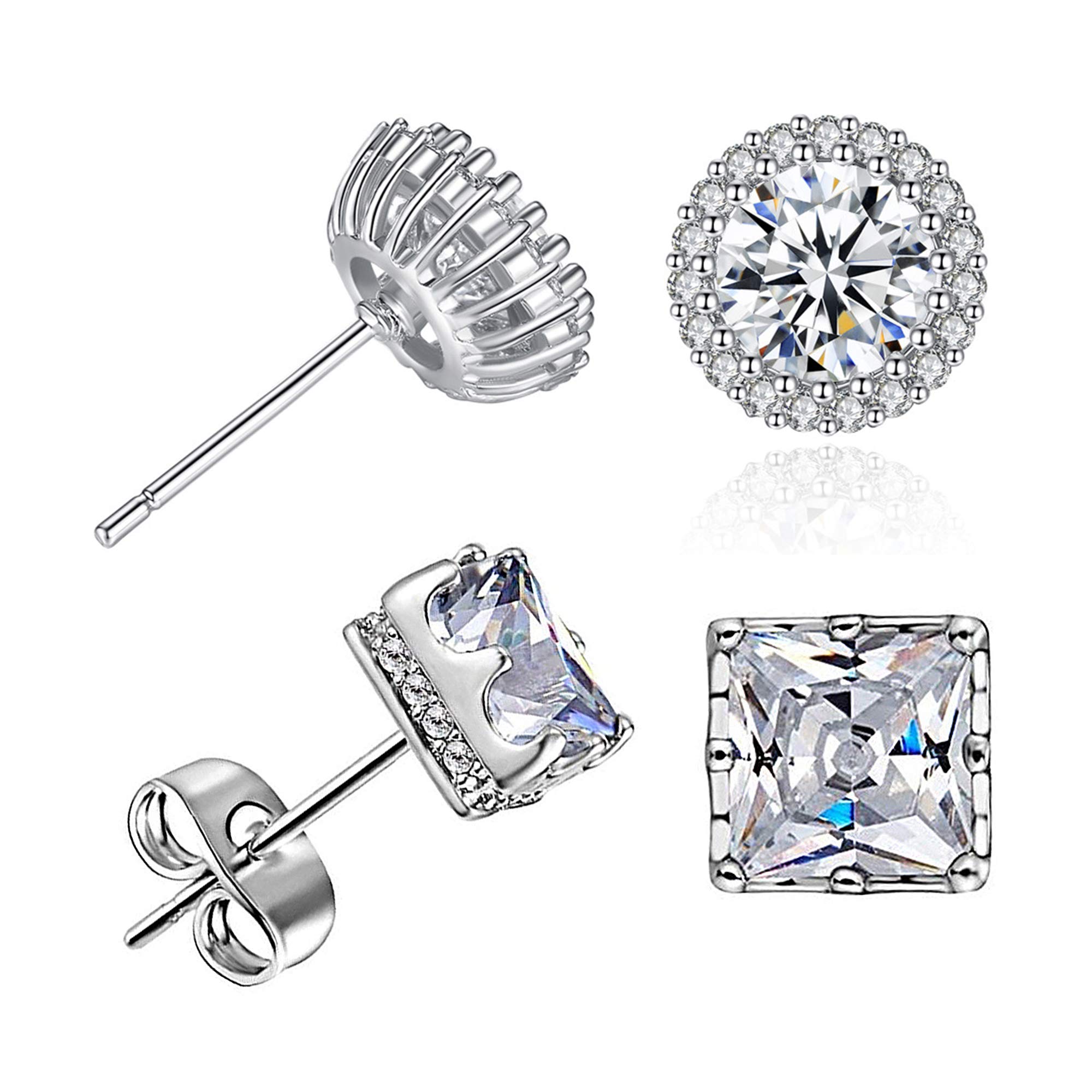 2 Pairs Hypoallergenic Cubic Zirconia Stud Earrings for Women & Girls - Halo Round & Square Crown Design in Sterling Silver - Perfect for Daily Wear, Gift Giving & Special Occasions