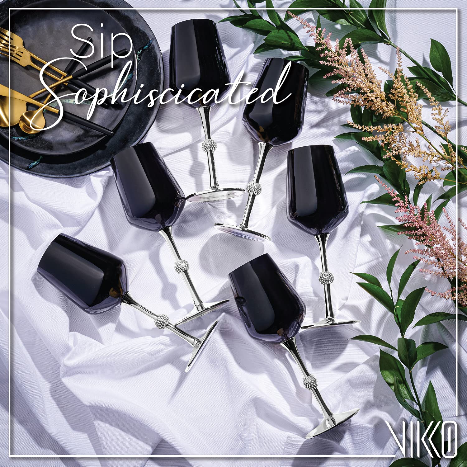Elegant Black and Silver Wine Glasses Set of 12 - 14.2 oz Crystal Clear Cups with Diamante Accents - Dishwasher Safe - Perfect for Parties, Weddings, and Home Decor (9.2