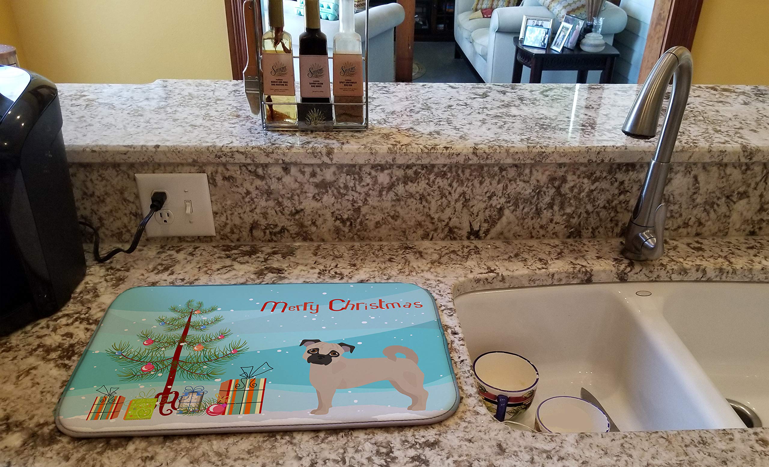 Fawn Chug Christmas Tree Dish Drying Mat - Absorbent Kitchen Counter Pad (14x21