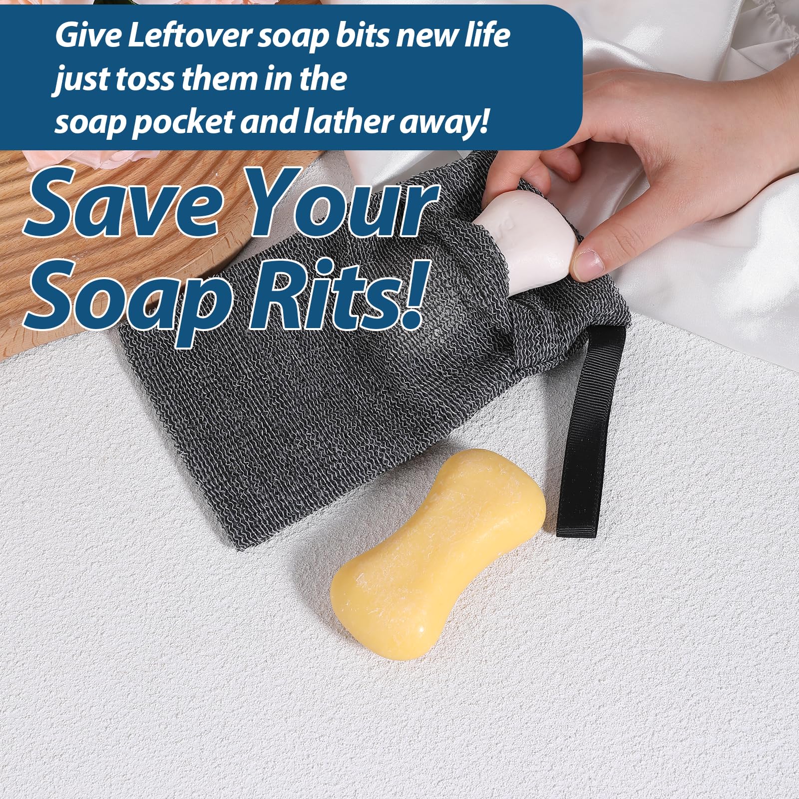 2 Pack Soap Saver Bags with Exfoliating Mesh & 2 Soap Lifting Pads - Reusable Bar Soap Pouches for Large Soap Bars & Leftover Bits - Perfect for Shower, Bath & Travel