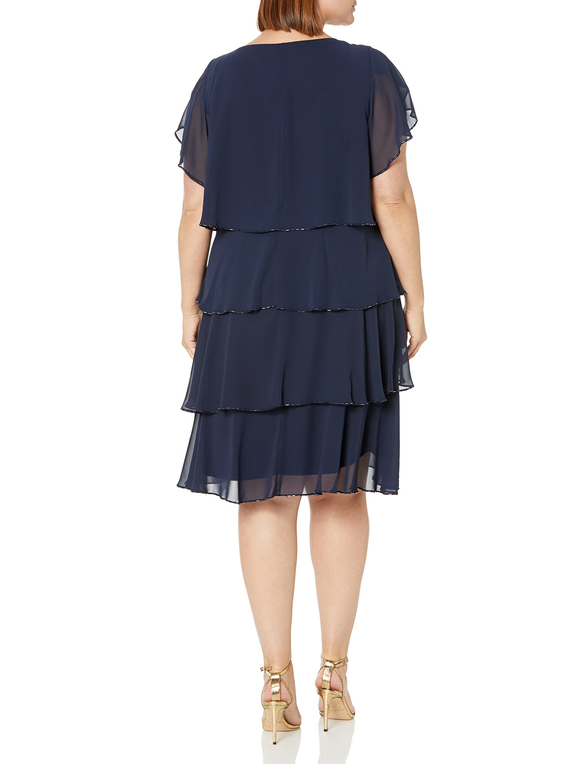 Women's Plus Size Capelet Tier Dress with Beaded Detail - Elegant Flowy Maxi Dress for Special Occasions & Evening Events | S.L. Fashions