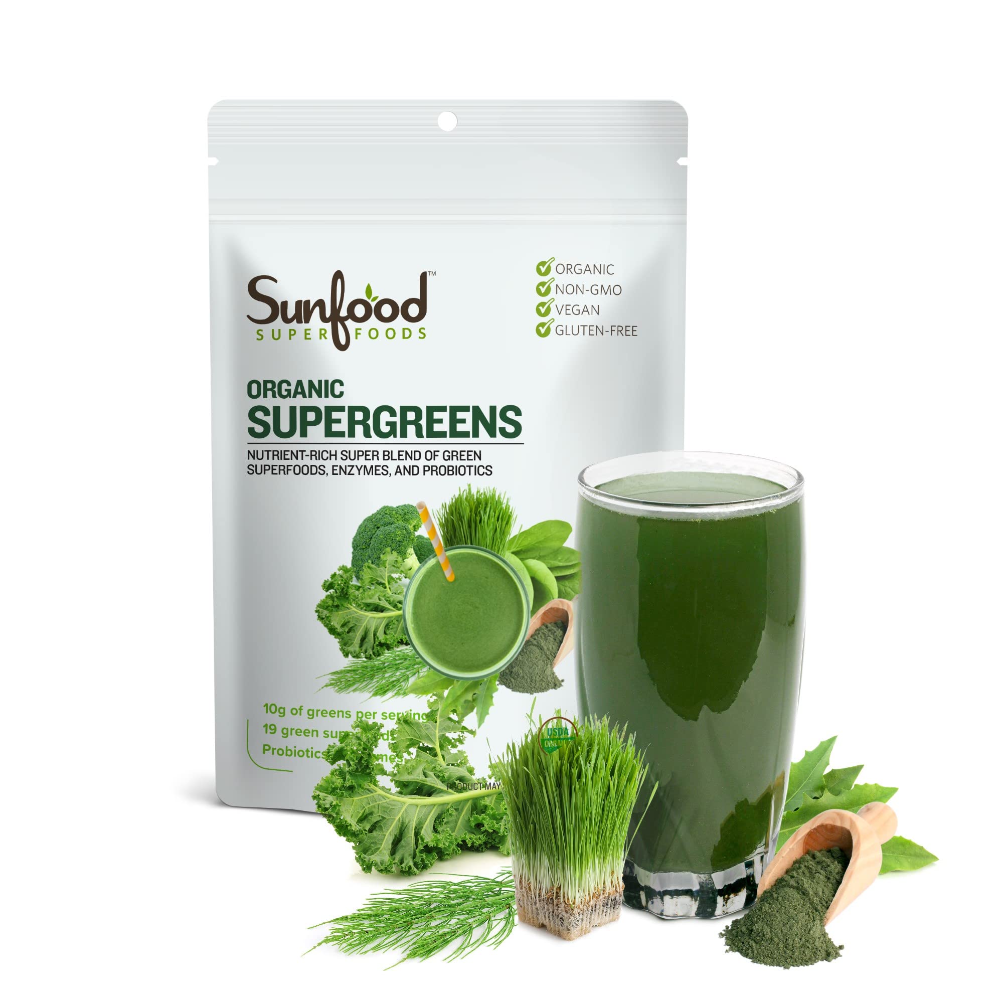 Organic Super Greens Powder by Sunfood - Gut Health Booster with Chlorella & Spirulina | Daily Green Juice & Smoothie Mix | Vegan Superfood Supplement for Detox & Energy (8 oz) - Perfect for Post-Workout Recovery & Morning Wellness Routine