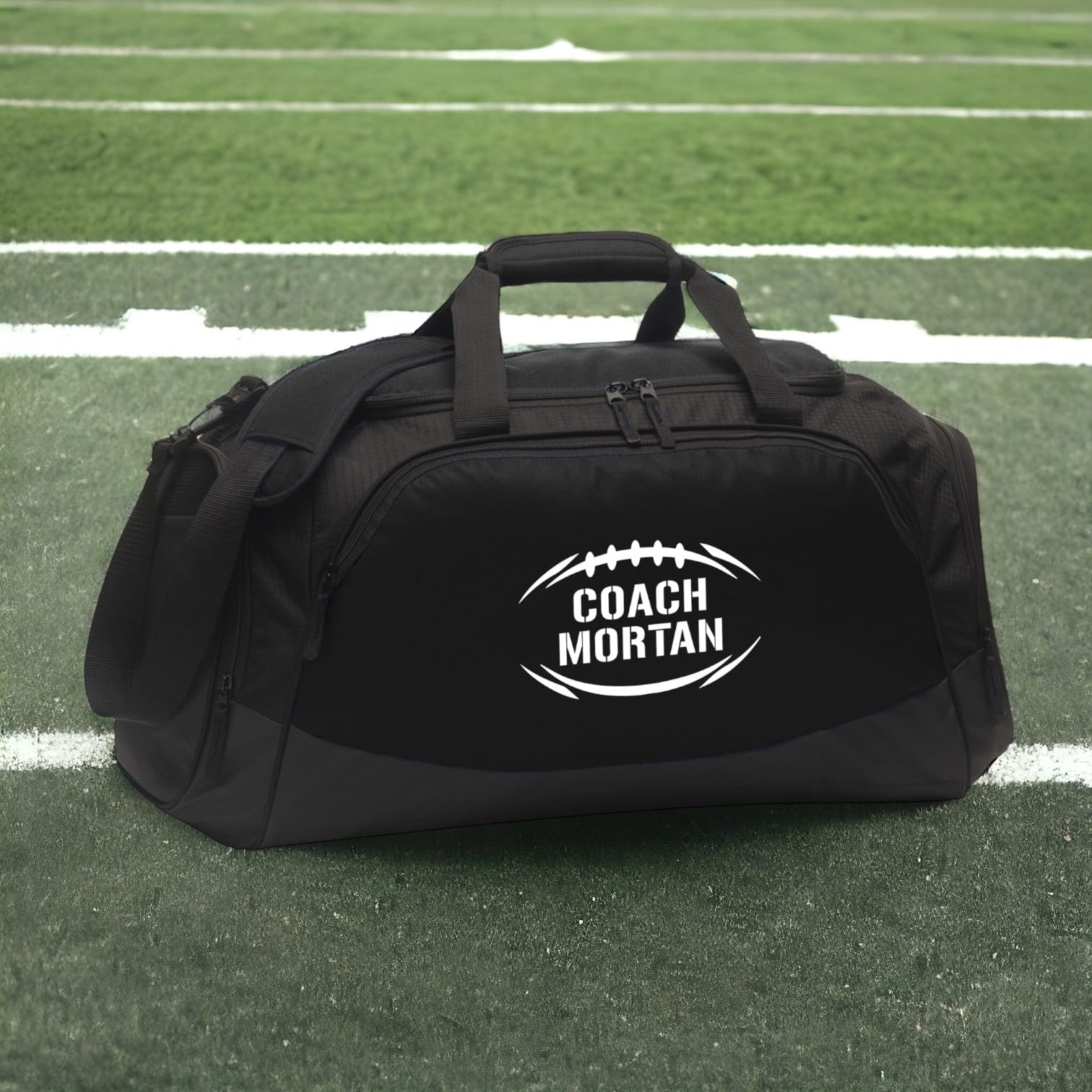Custom Personalized Football Coach Duffle Bag with Shoe Compartment - Gear & Equipment Storage for Men & Teens - High School Sports Travel Bag (Black/Black) - Perfect for Practice, Games & Team Travel