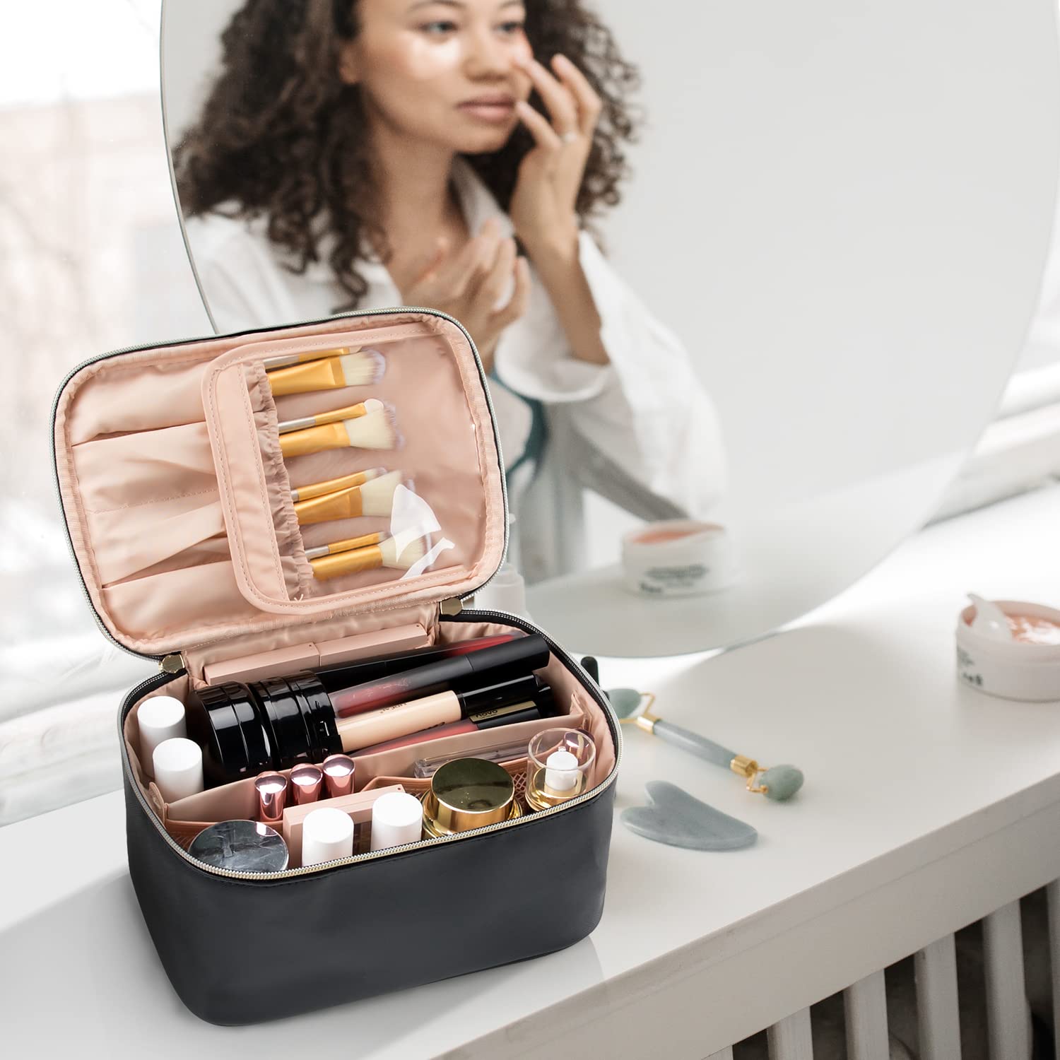 Portable Large Capacity Makeup Bag for Women - Travel Cosmetic Organizer with Handle & Dividers, Black | Perfect for Travel, Gym, and Daily Use