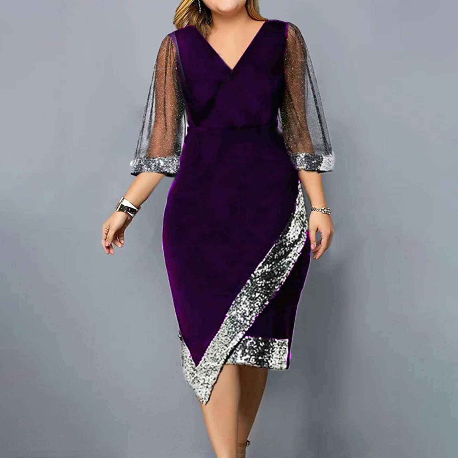 Women's V-Neck Velour Formal Pencil Midi Dress with Mesh 3/4 Sleeves - Perfect for Homecoming, Cocktail Parties & Evening Events