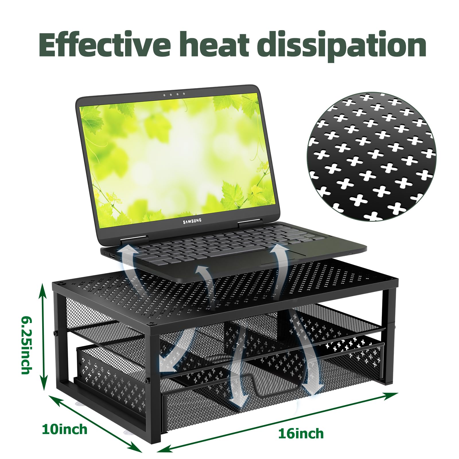 Simple Trending Metal Monitor Stand Riser with Drawer - Black Computer Desk Organizer for Laptop, iMac, and PC - Perfect for Home Office and Gaming Setup