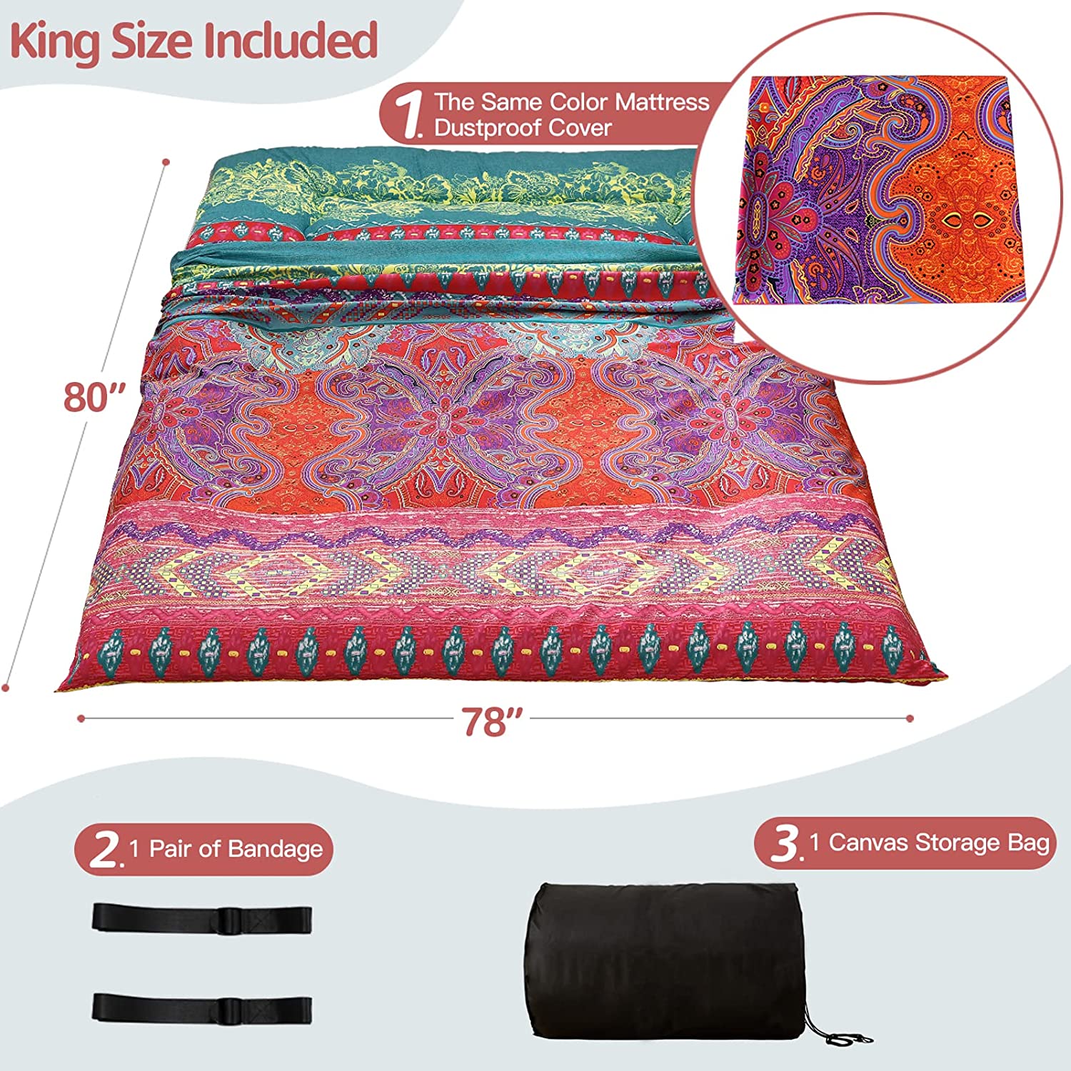 Bohemian Retro Floor Mattress - Japanese Futon Mattress with Floral Design for Bedroom, Living Room & Guest Room | Comfortable Floor Sleeping Pad for Yoga, Meditation & Camping