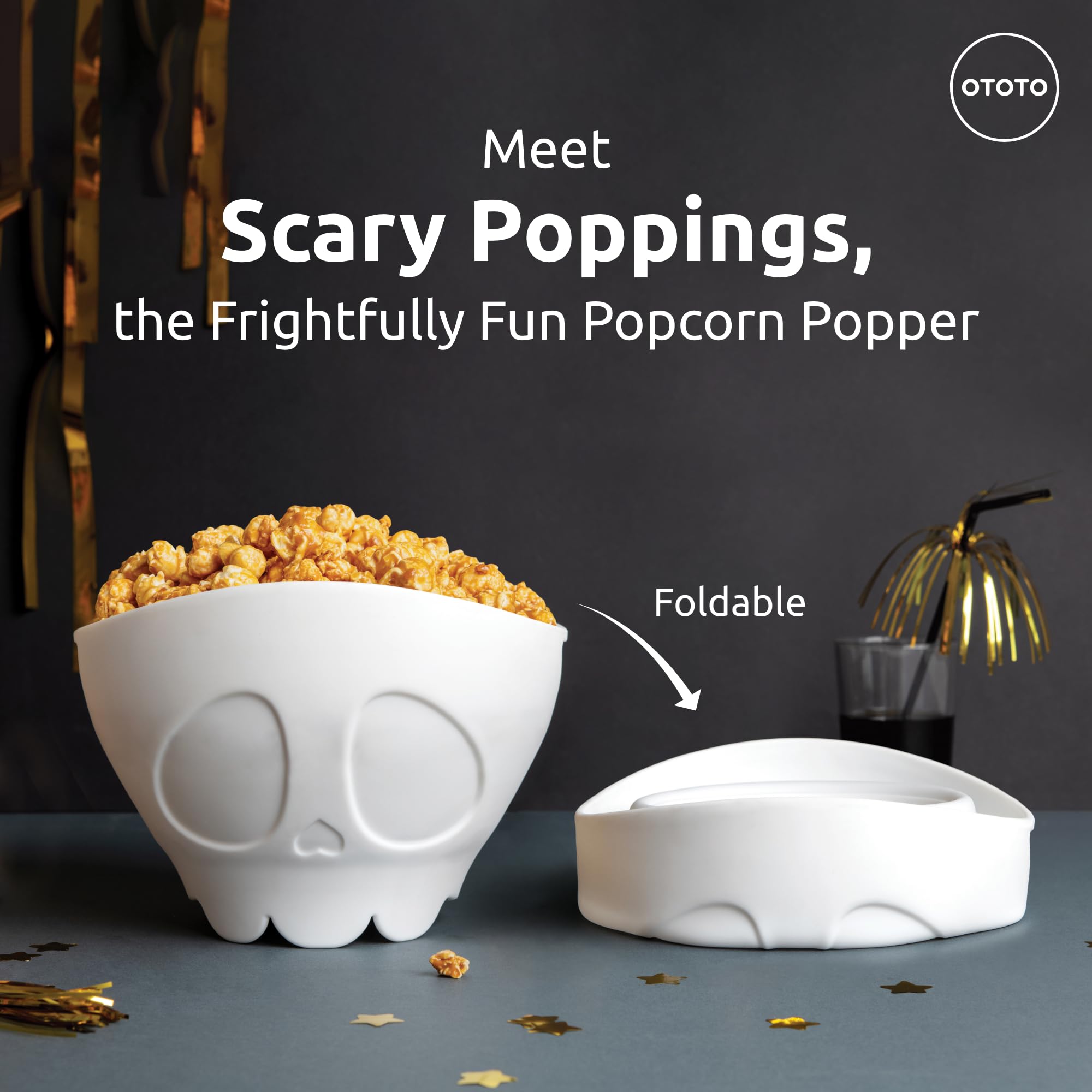OTOTO Gothic Microwave Popcorn Popper - Scary Halloween Silicone Popcorn Maker with Collapsible Bowl, Perfect for Movie Nights & Spooky Party Decor (White)