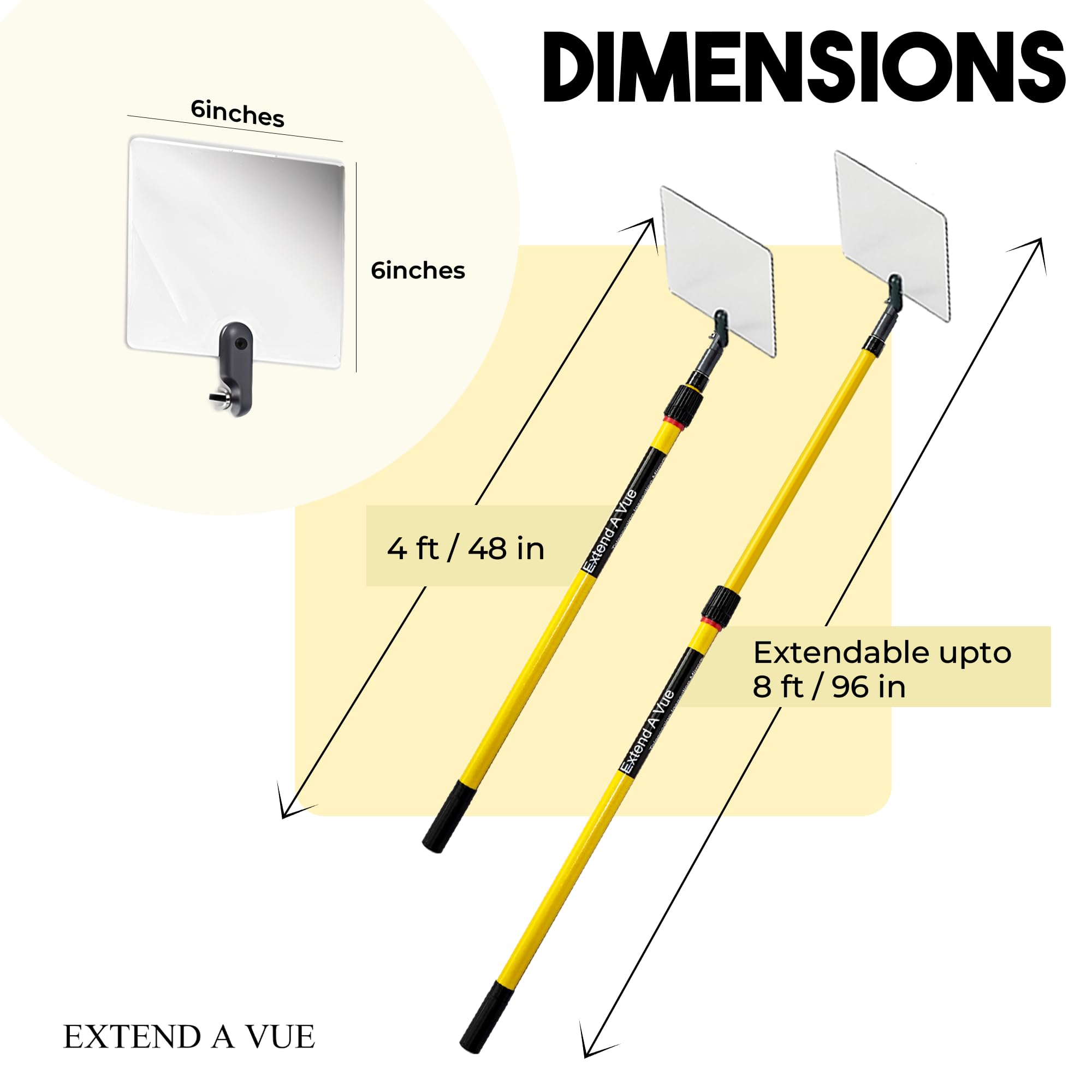Telescoping Inspection Mirror - 4 ft to 8 ft Extendable Fiberglass Pole, 6x6 Inch Shatterproof Acrylic Mirror, Lightweight & Durable for Automotive, HVAC & Home Maintenance (Perfect for Hard-to-Reach Areas)