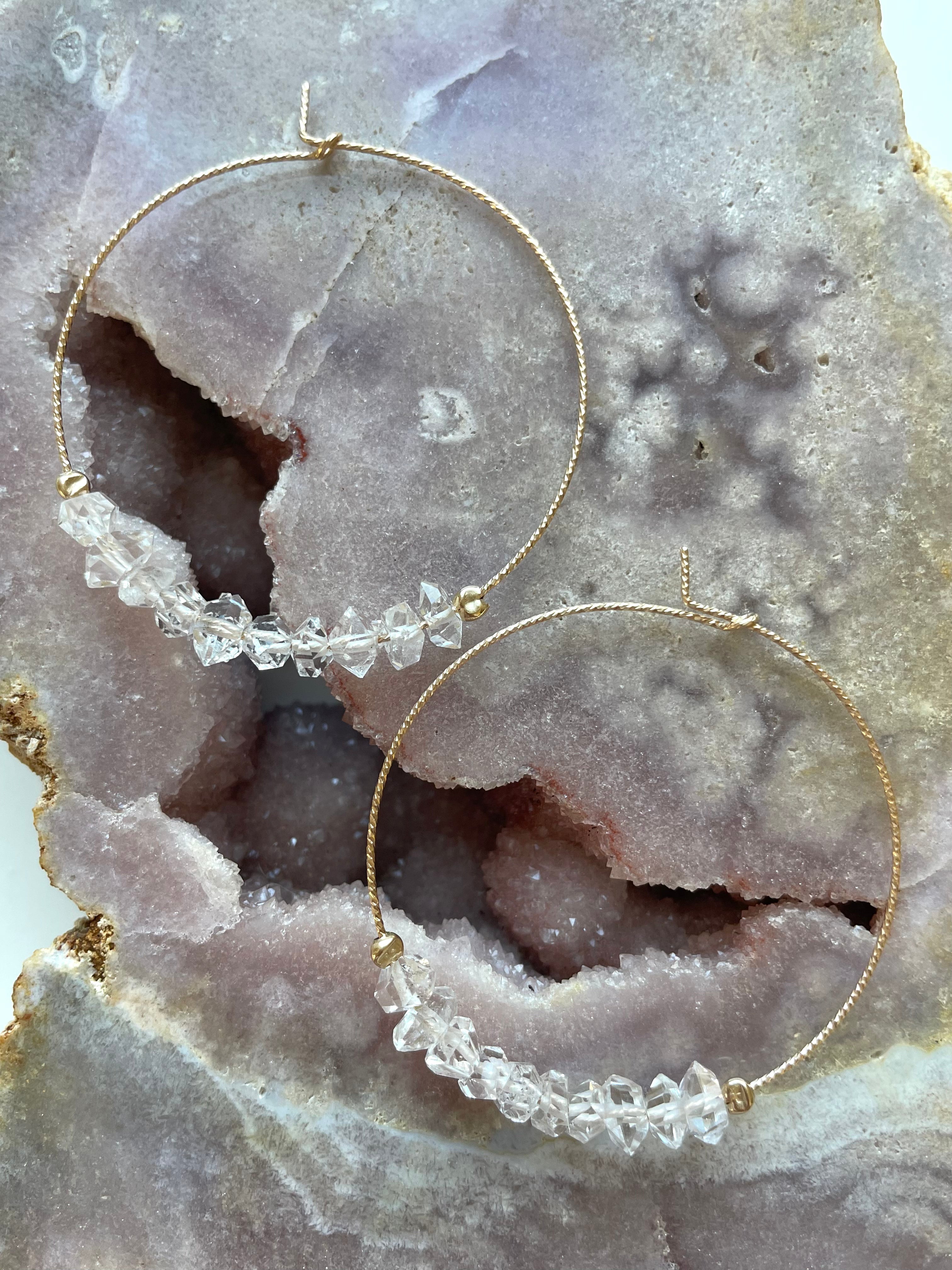 Stylish Thin Herkimer Diamond Hoops Earrings for Women - 14K Gold Plated Minimalist Dainty Studs - Perfect for Everyday Wear, Office & Special Occasions