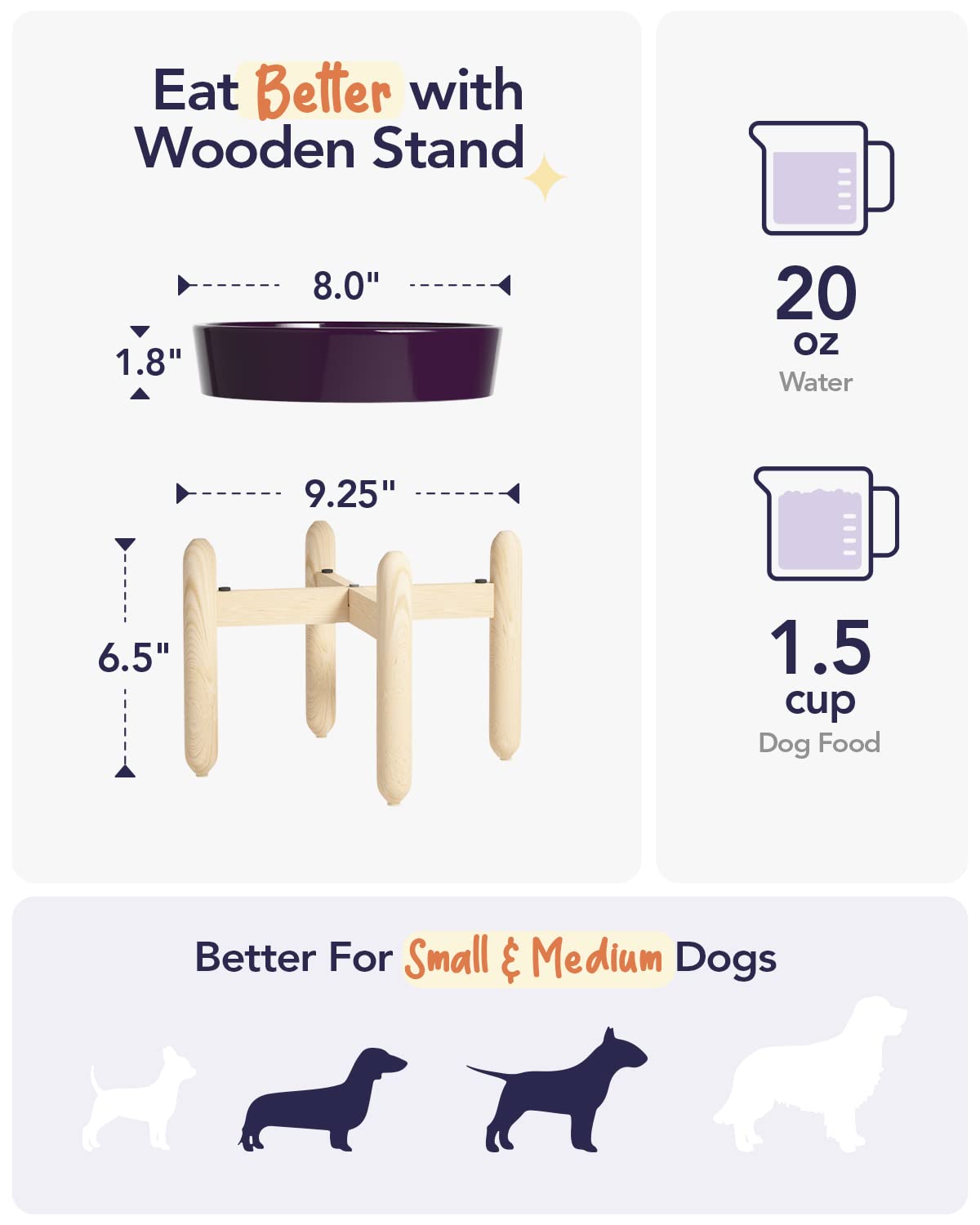 LE TAUCI Ceramic Slow Feed Dog Bowl with Wood Stand - Anti-Gulping Pet Dish for Medium Dogs - Non-Slip for Home Use