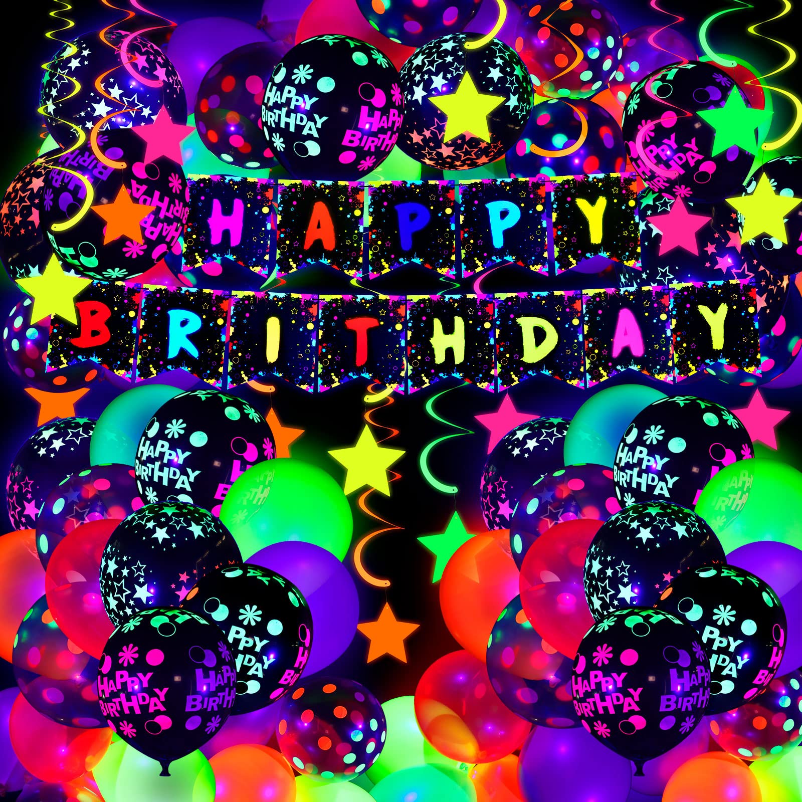 Jetec 71-Piece Neon Birthday Party Decorations Kit - Glow in The Dark Balloons, UV Neon Balloons, Star Swirls & Happy Birthday Banner - Perfect for Glow Parties, Raves, Nightclubs & UV Themed Celebrations