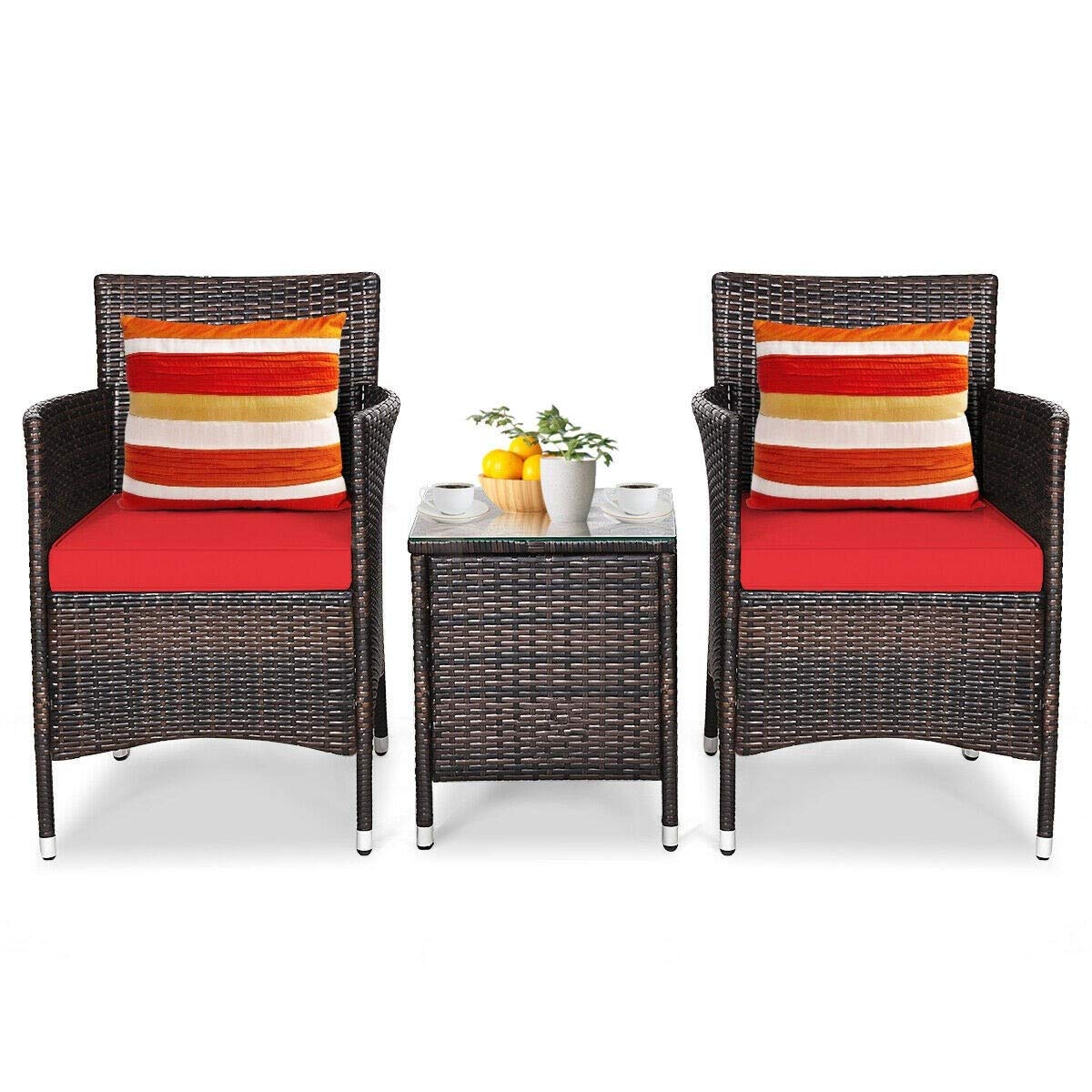 HPW 3-Piece Outdoor Patio Furniture Set with 2 Rattan Chairs & Tempered Glass Coffee Table - Red Cushions for Backyard, Deck, Balcony, Poolside & Outdoor Living Spaces | Perfect for Relaxing, Entertaining & Lounging