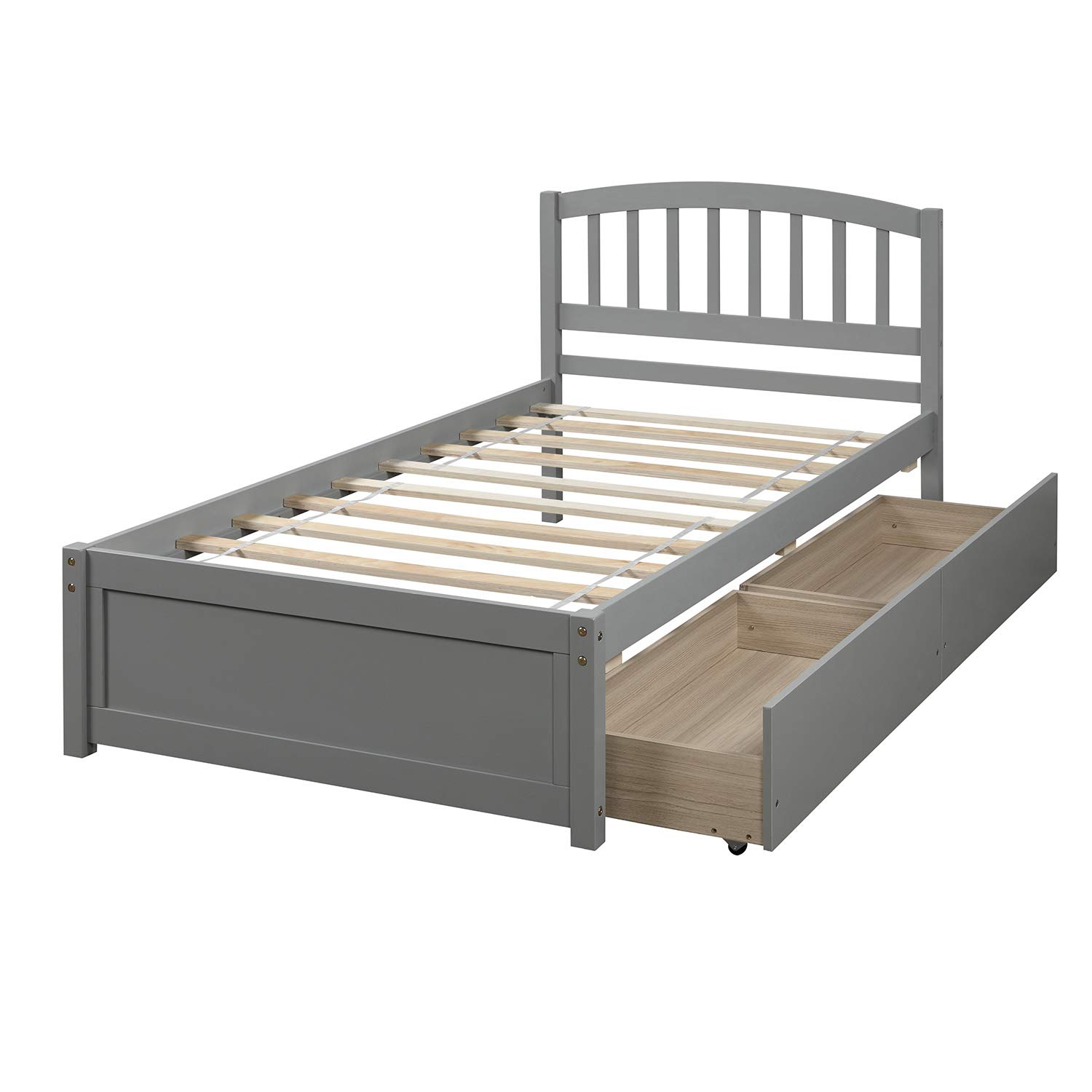 Minimalist Twin Platform Storage Bed Frame with 2 Drawers & Headboard - Modern Wooden Bed for Kids, Teens & Adults (Grey) | Space-Saving Bedroom Solution for Small Apartments & Dorm Rooms