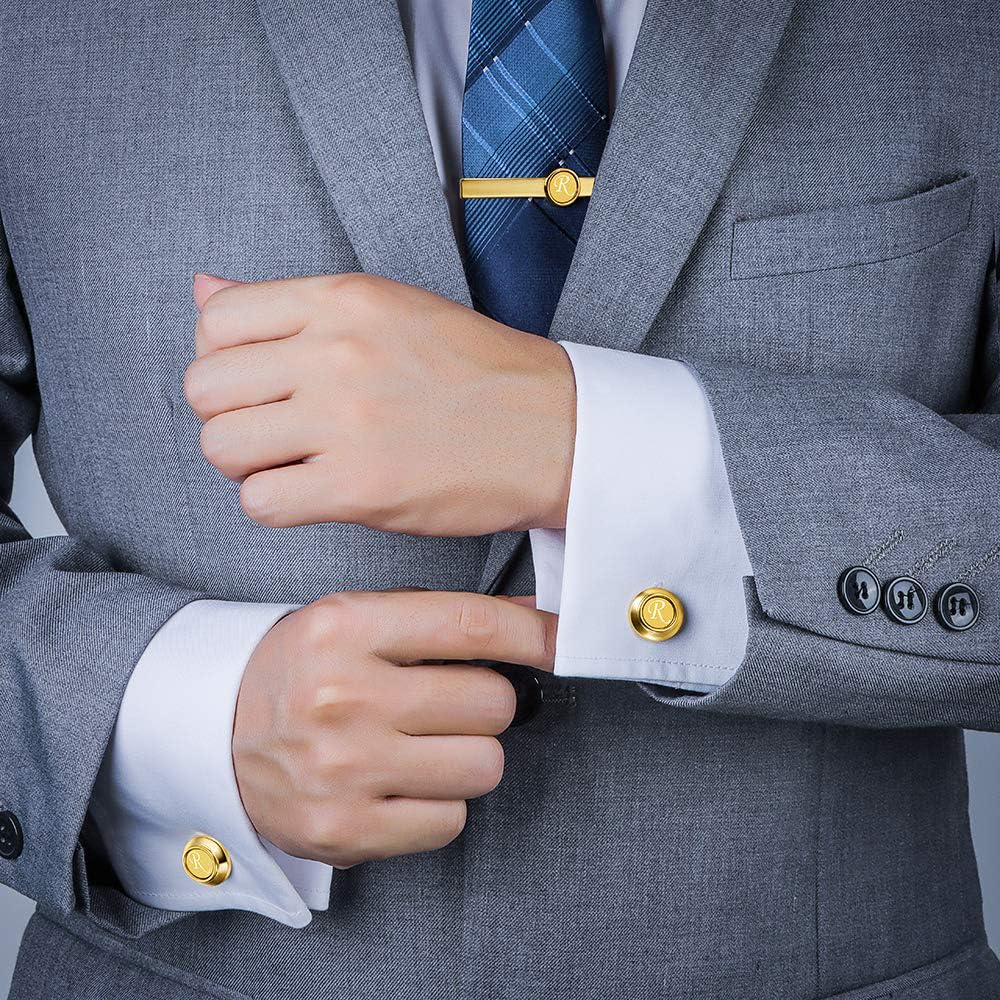 HAWSON 2 Inch Gold Engraved Letter Tie Clips and Cufflinks Set for Men - A-Z Monogram Formal Business Wedding Accessories - Perfect for Office, Groomsmen Gifts & Special Occasions