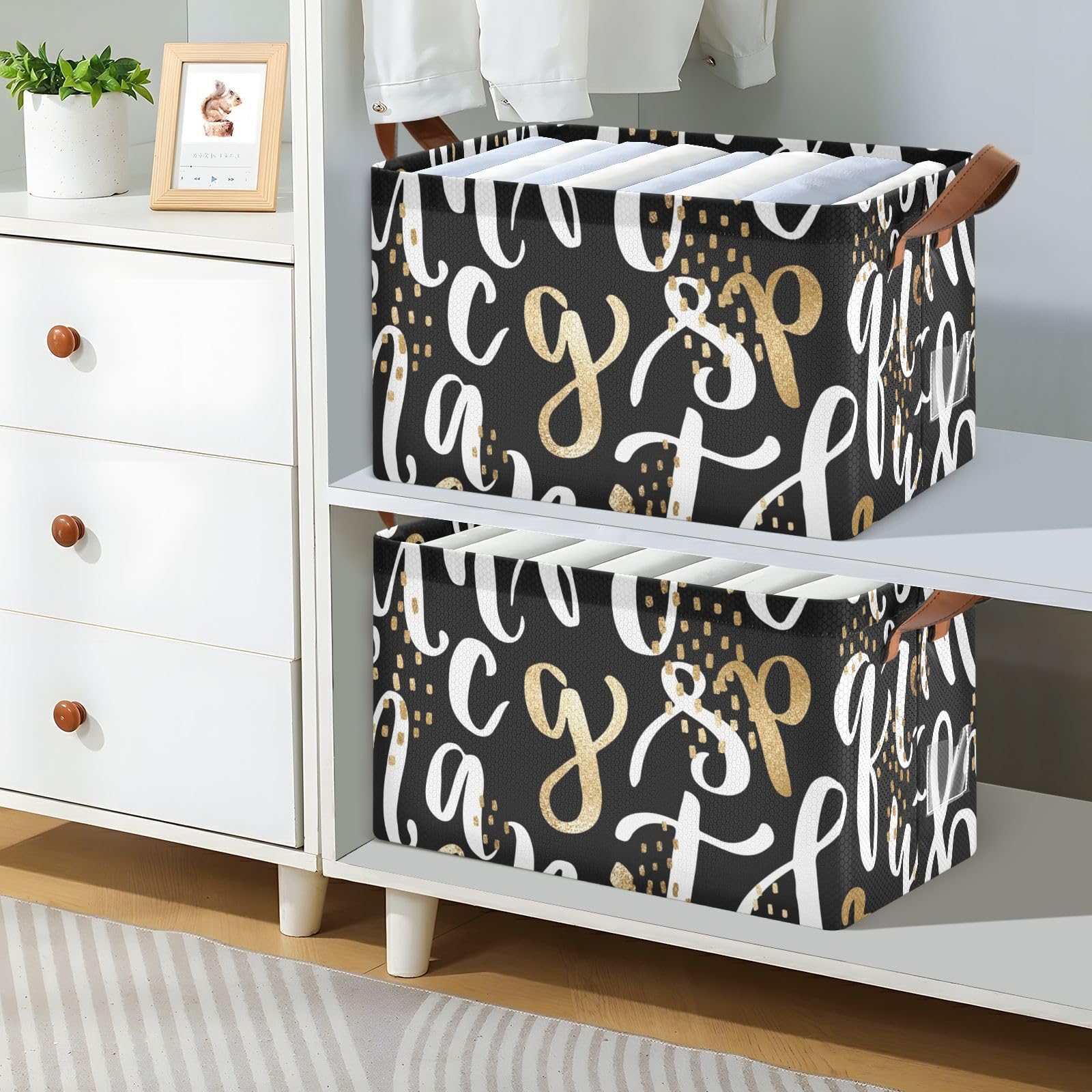 Premium White Gold Letter Fabric Collapsible Storage Baskets - 2 Pack Foldable Organizer Bins with Handles for Laundry, Bedroom & Living Room | Space-Saving Closet Organization & Home Decor Solution