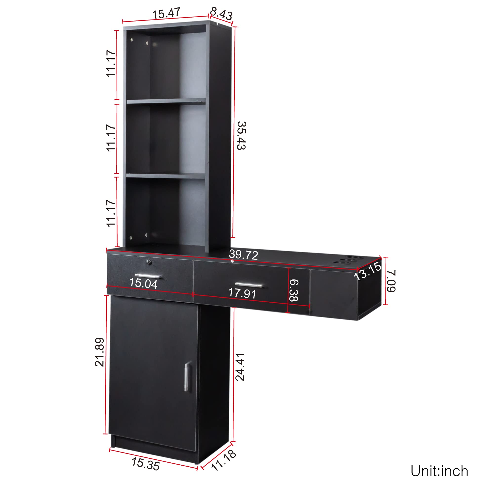 Wall Mounted Salon Storage Cabinet - 3 Compartments, 2 Drawers & 1 Bottom Cabinet for Hair Stylist Tools | Professional Beauty Salon Organization | Perfect for Barbershops, Home Salons & Cosmetology Stations (Black)