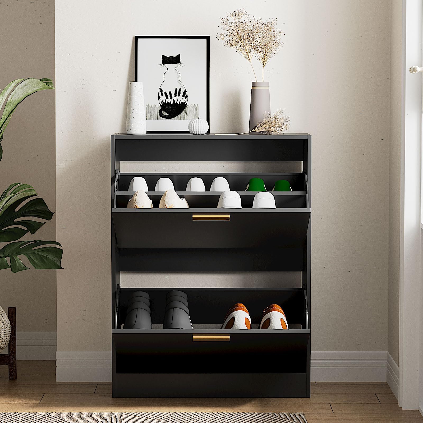 Slim Shoe Cabinet Set of 2 - Black Narrow Hidden Shoe Storage with Flip Drawers | Freestanding Shoe Organizer for Entryway, Hallway & Closet | Space-Saving Shoe Rack for Small Apartments & Home Organization