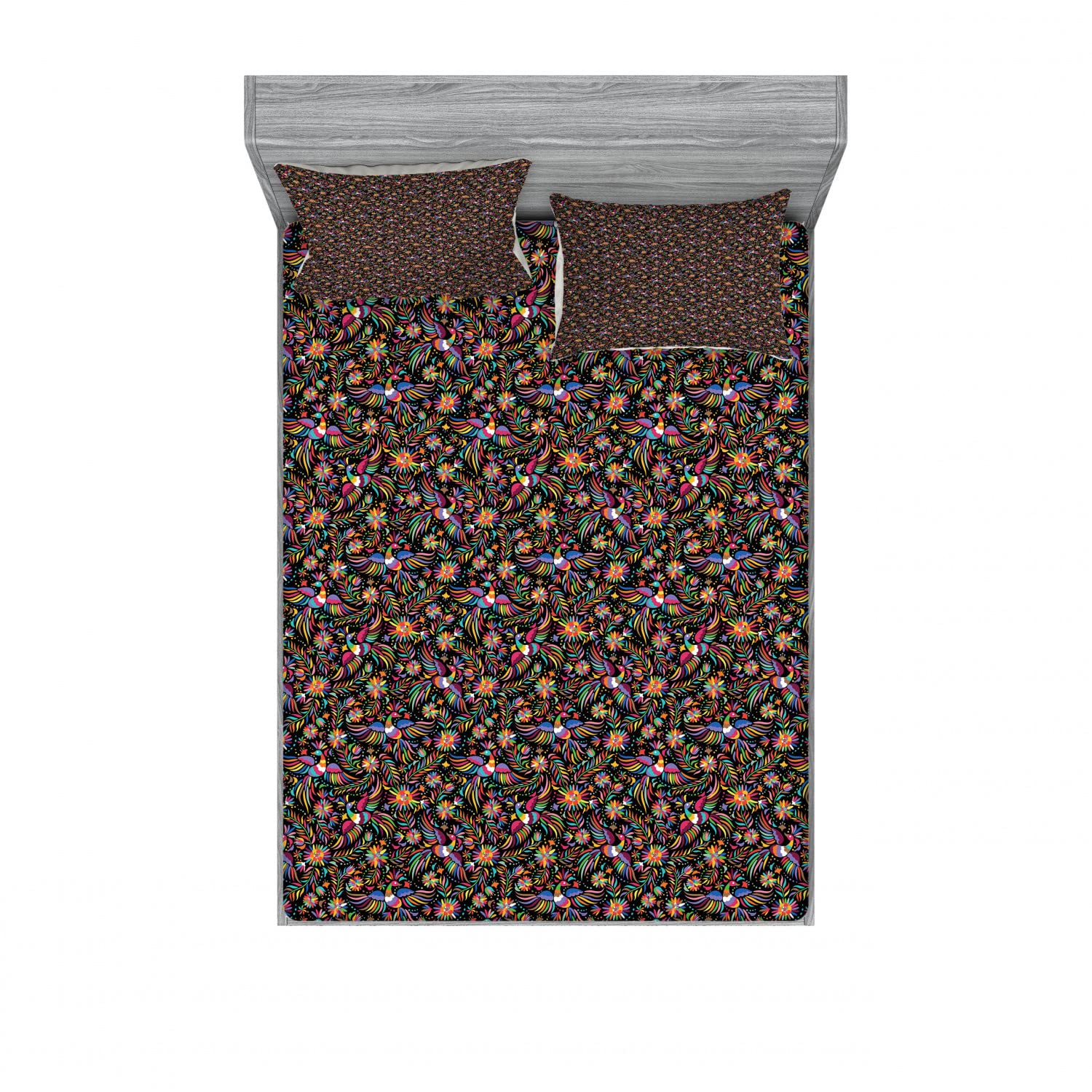 Ambesonne Ethnic 2-Pack Fitted Sheet & Pillow Sham Set - Abstract Floral Phoenix Design, Queen Size 4-Piece Bedding Set (2 Fitted Sheets + 2 Pillow Shams), Vibrant Multicolor Bohemian Decor for Master Bedroom & Guest Room