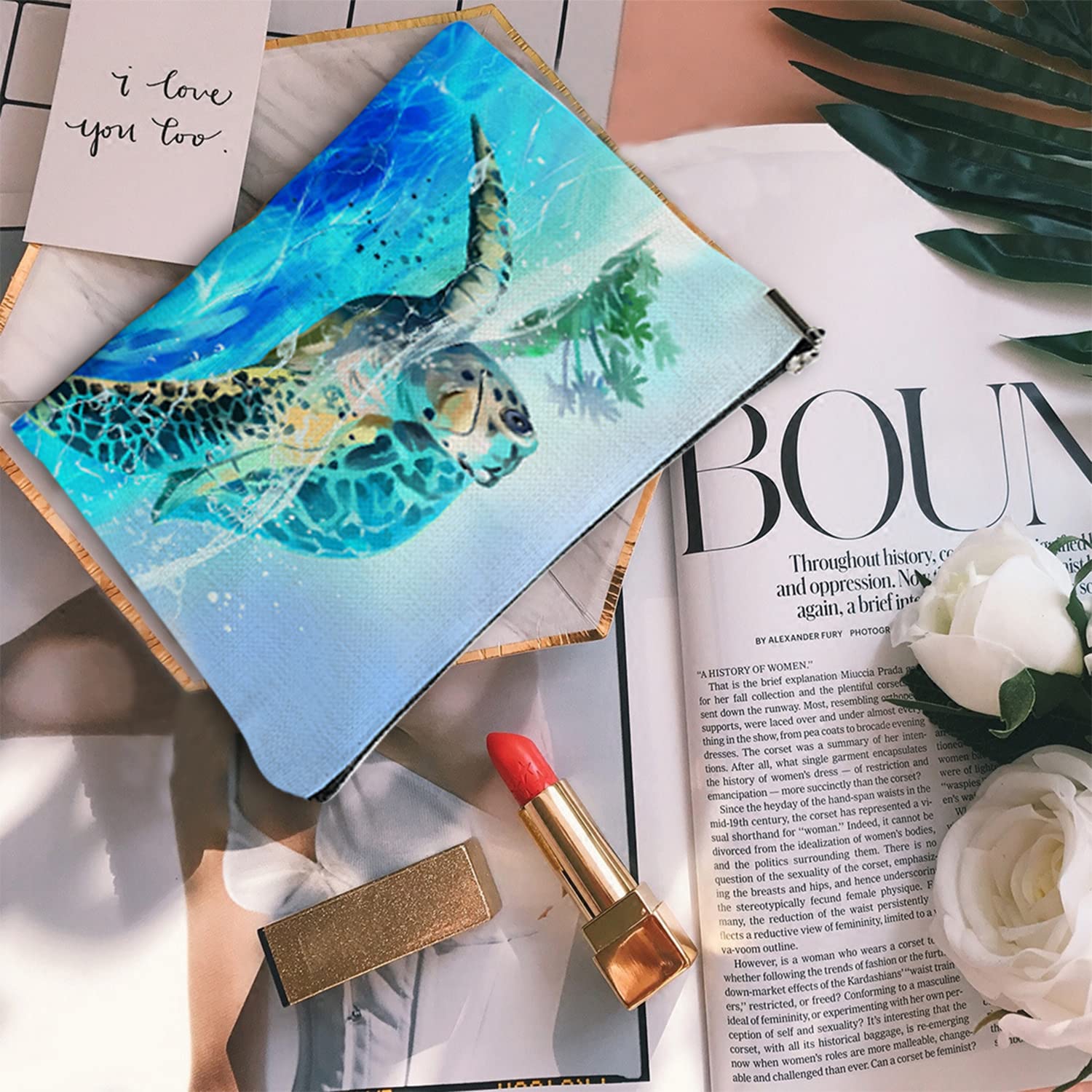 Large Travel Makeup Bag for Women - Waterproof Cosmetic Organizer with Zipper, 7x10 Inch Toiletry Pouch (Sea Turtle Print) - Perfect for Vacation, Gym, and Daily Essentials Storage