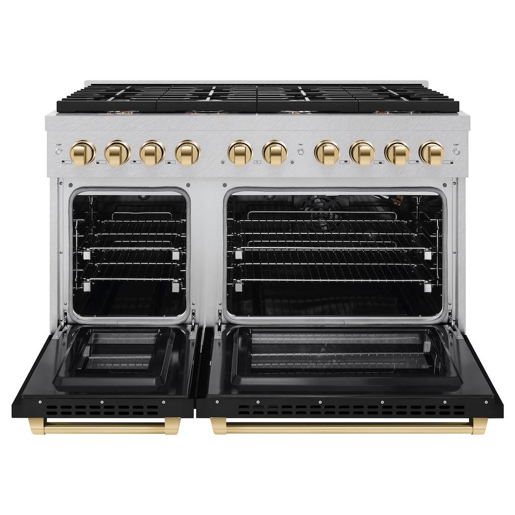 ZLINE Autograph Edition 48-inch 6.7 cu. ft. Paramount Double Oven Gas Range with 8-Burner Cooktop - Satin Stainless Steel with Black Matte Doors & Polished Gold Accents (SGRSZ BLM 48 G) - Perfect for Professional Kitchens & Luxury Home Cooking