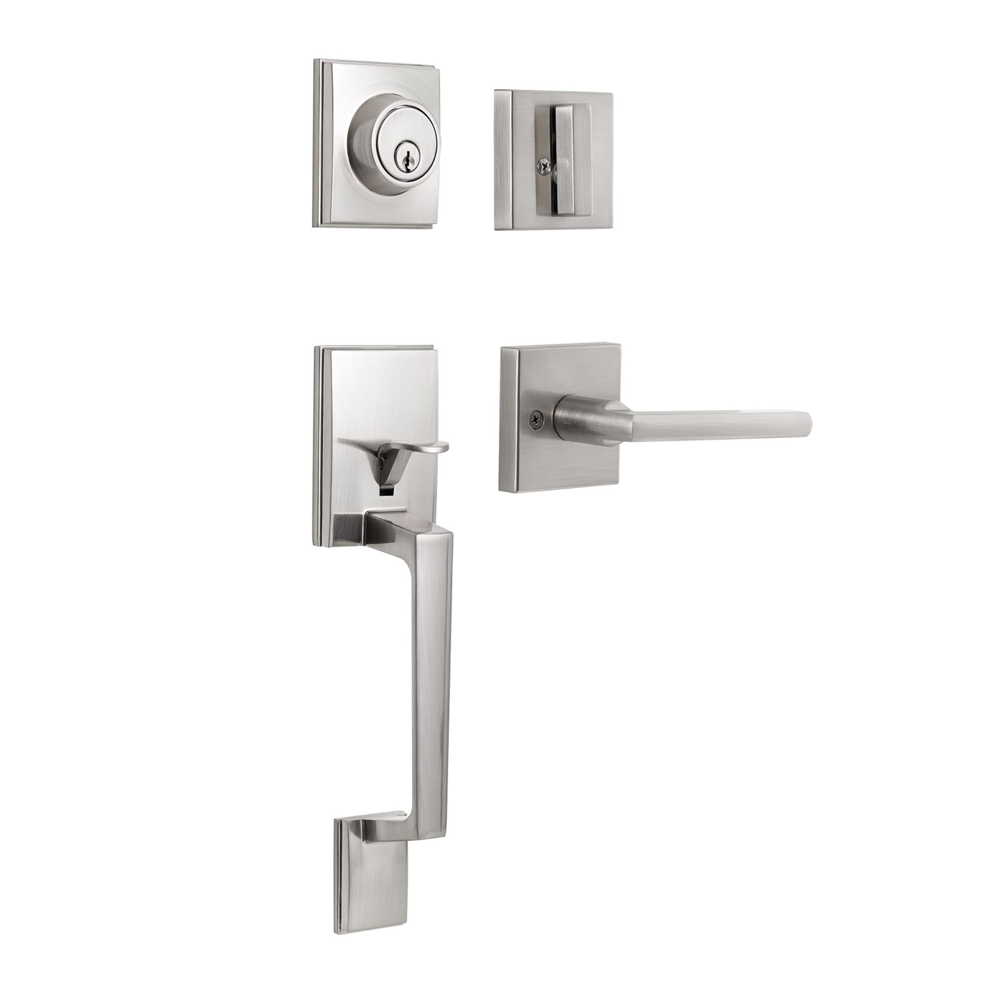 KIAYACI Front Door Lock Set - Satin Nickel Single Cylinder Deadbolt Entry Door Handle with Straight Lower Half Grip - Secure Home, Office & Apartment Entry Doors