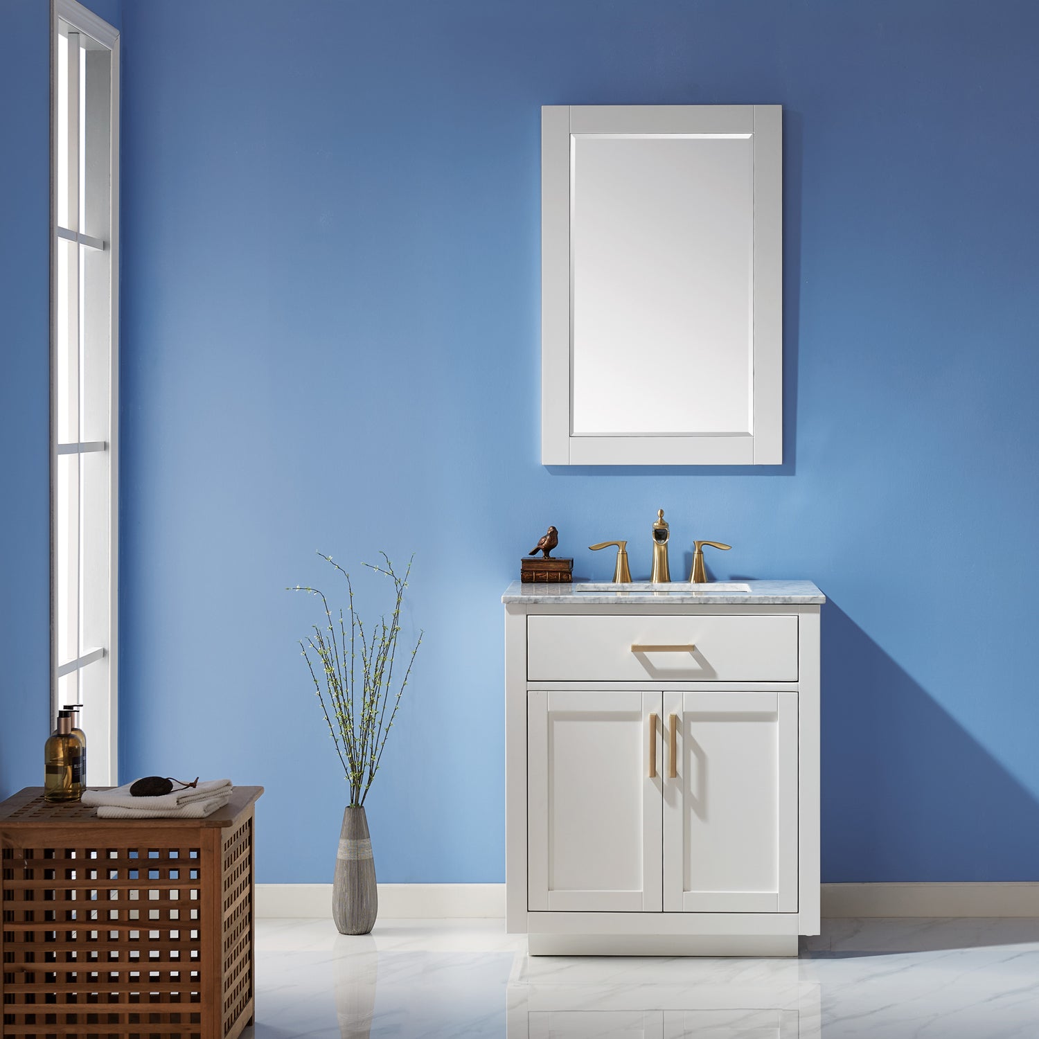 Ivy 30 Inch Single Bathroom Vanity Set with Carrara White Marble Countertop - Modern Sink Cabinet for Small Bathrooms, Powder Rooms & Guest Baths