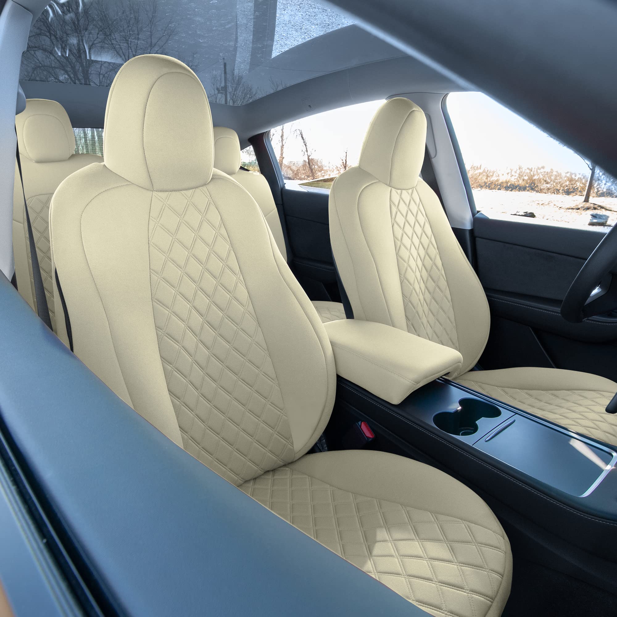 TLH Custom Fit Waterproof Beige Seat Covers for Tesla Model Y 2020-2024 - Full Set Car Interior Accessories | Perfect for Road Trips & Daily Commute