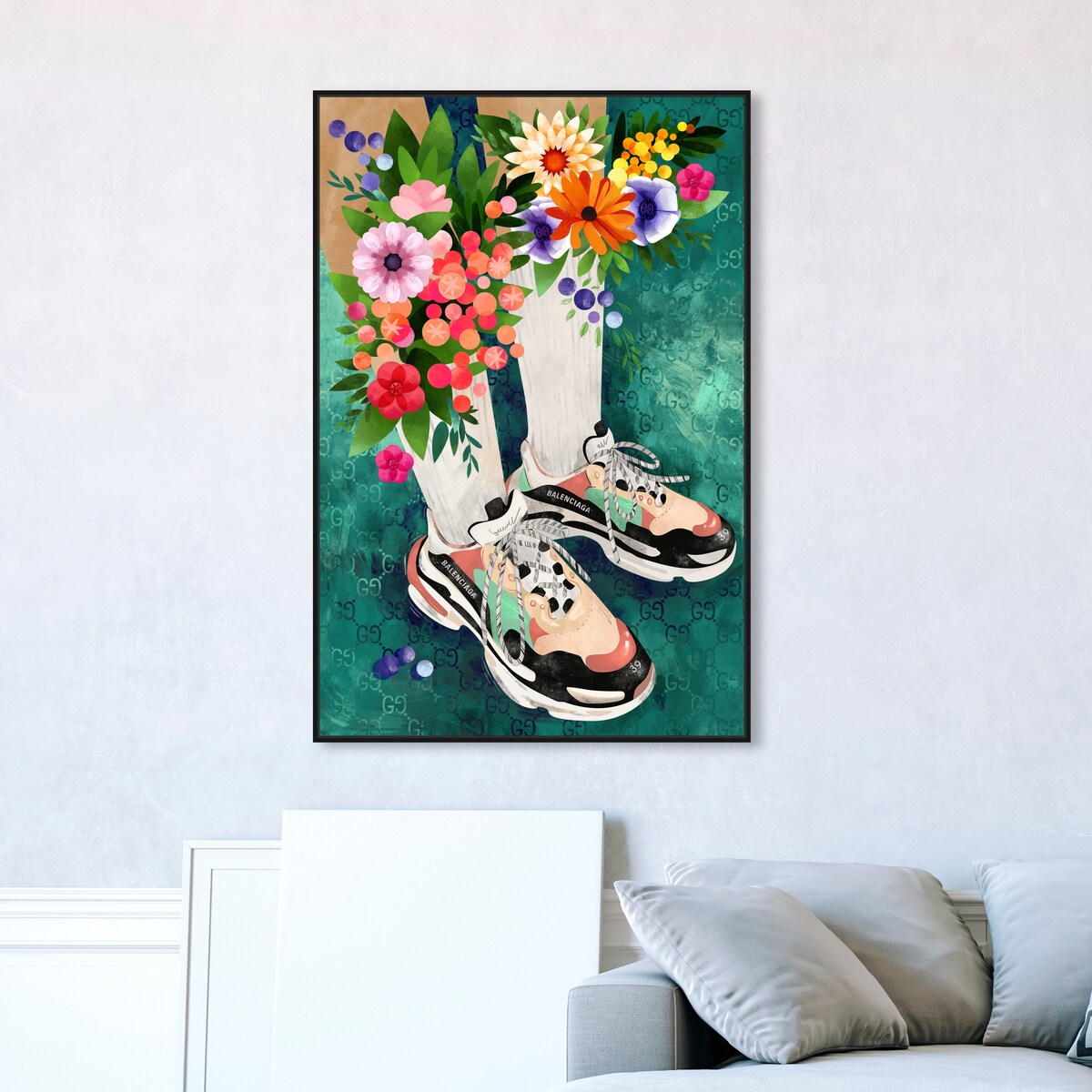 Stylish Floral Sneakers & Socks Set with Modern Green Framed Canvas Wall Art - Perfect for Bedroom Decor and Fashion Outfits | Home & Fashion Combo