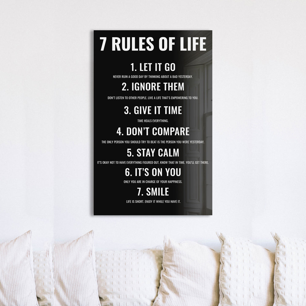 7 Rules of Life Motivational Glass Print Wall Art - Inspirational Home & Office Decor for Living Room, Bedroom, or Workspace