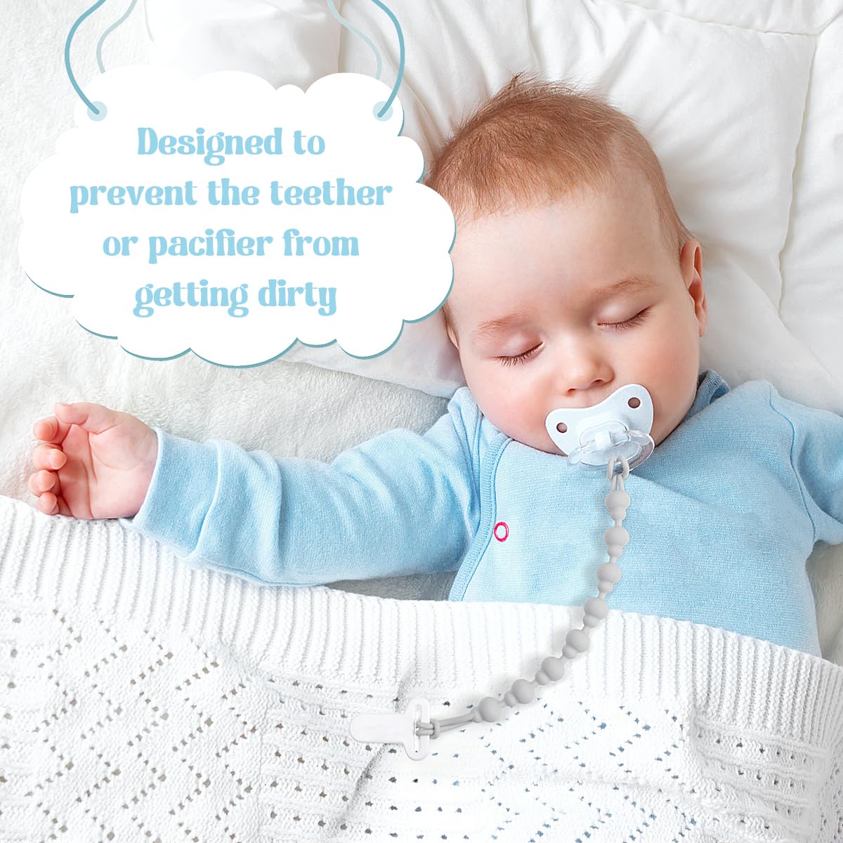 BEBOAN 2 Pack BPA Free Silicone Pacifier Clips for Babies - Soft Teething Necklace with Secure Clasp, Blue & Grey | Perfect for Soothing Teething Pain & Keeping Pacifiers Handy