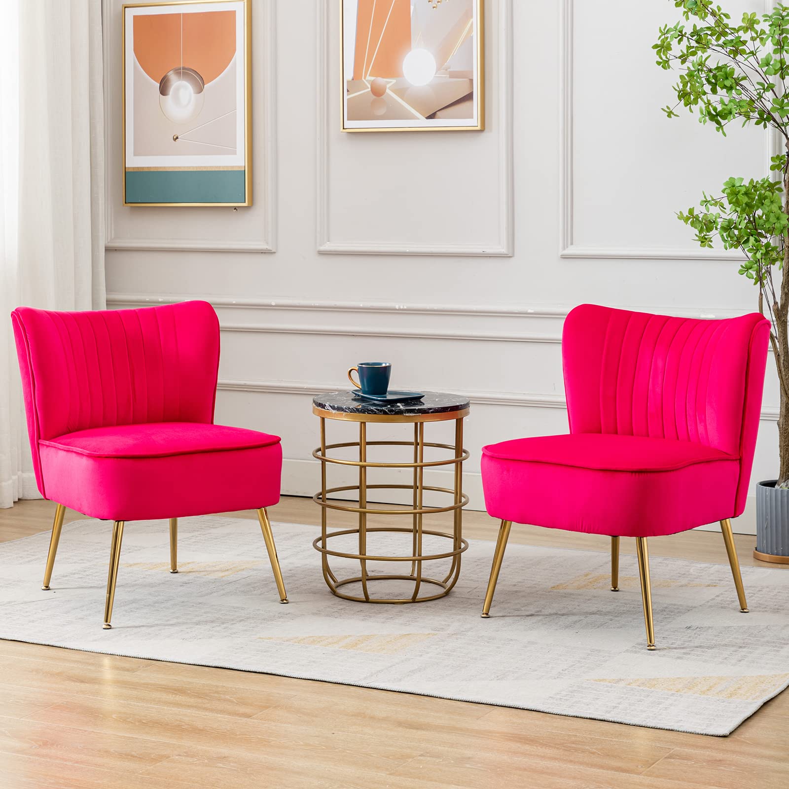 Modern Velvet Accent Chair Set of 2 - Gold Leg Wingback Slipper Chairs for Living Room, Bedroom & Entryway - Space Saving Small Corner Chairs (Rose Red) - Perfect for Cozy Reading Nooks, Guest Seating & Apartment Decor