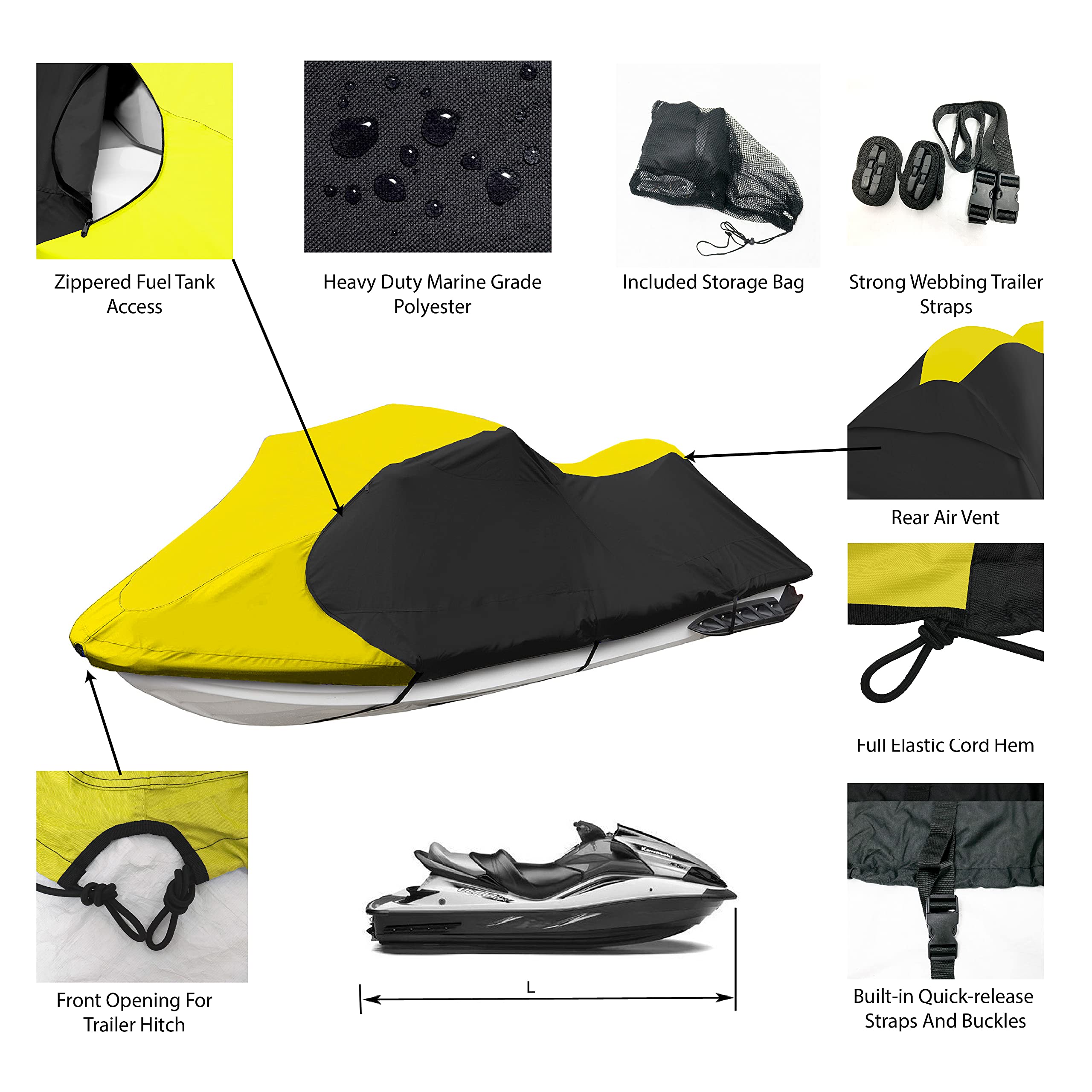 Waterproof 600D Heavy Duty Polyester Jet Ski Cover - Trailerable PWC Cover for 116