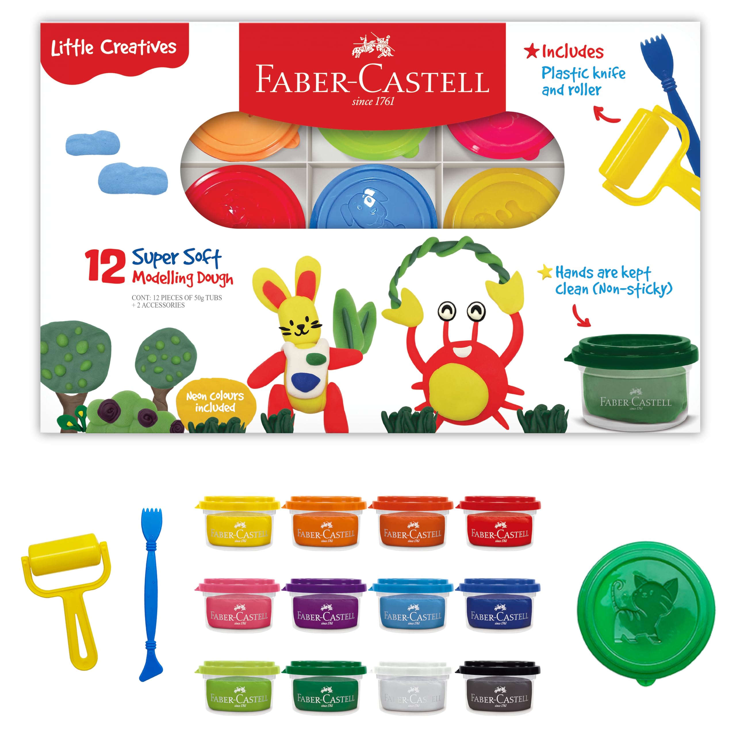 Faber-Castell Non-Toxic Playdough Kit - 12 Vibrant Colors (Classic & Neon) with Sculpting Tools | Safe & Soft Modeling Dough for Toddlers & Preschoolers Ages 3+ | Perfect for Creative Play, Sensory Development & Early Learning Activities