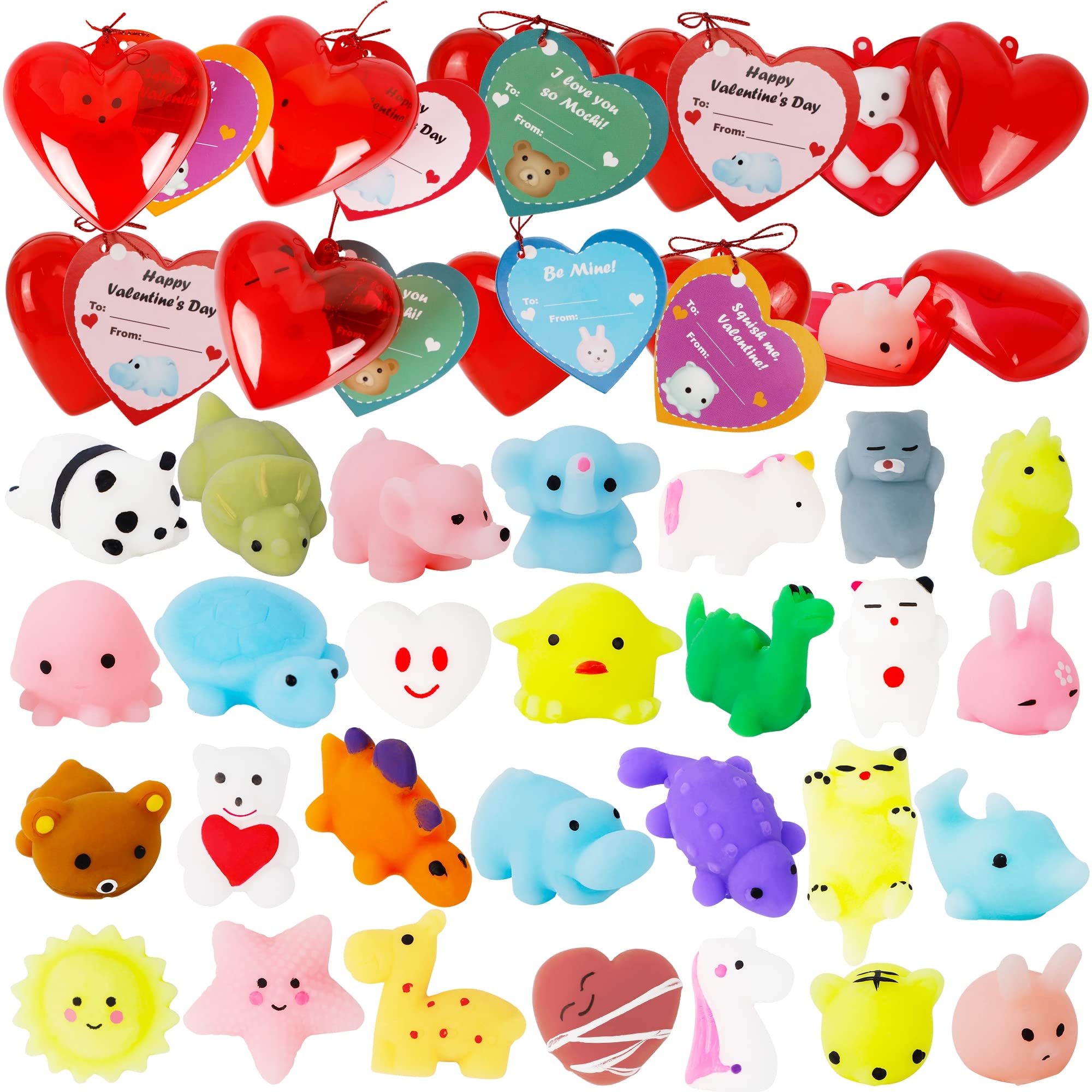28 Pcs Mochi Squishy Toys with Valentine's Day Cards - Cute Heart-Shaped Stress Relief Gifts for Kids, Perfect for Classroom Exchange, Party Favors & Valentine's Day Celebrations