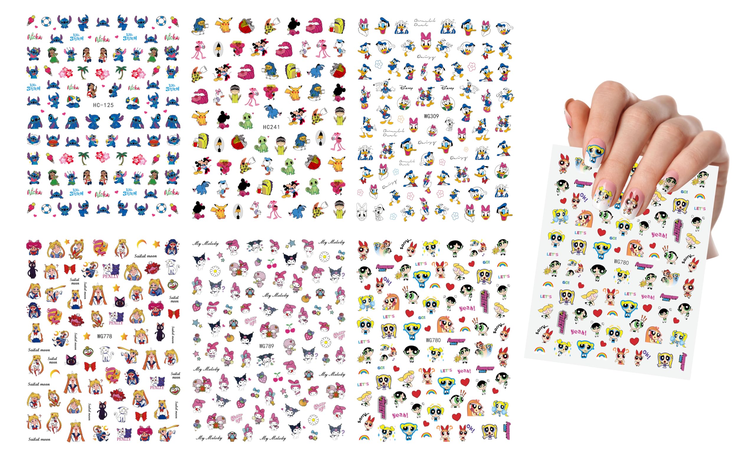 6 Sheets Cute Kawaii Cartoon Nail Art Stickers - DIY Nail Decals for Women & Girls - Waterproof Manicure Decorations for Parties, Weddings, Daily Nail Art Designs