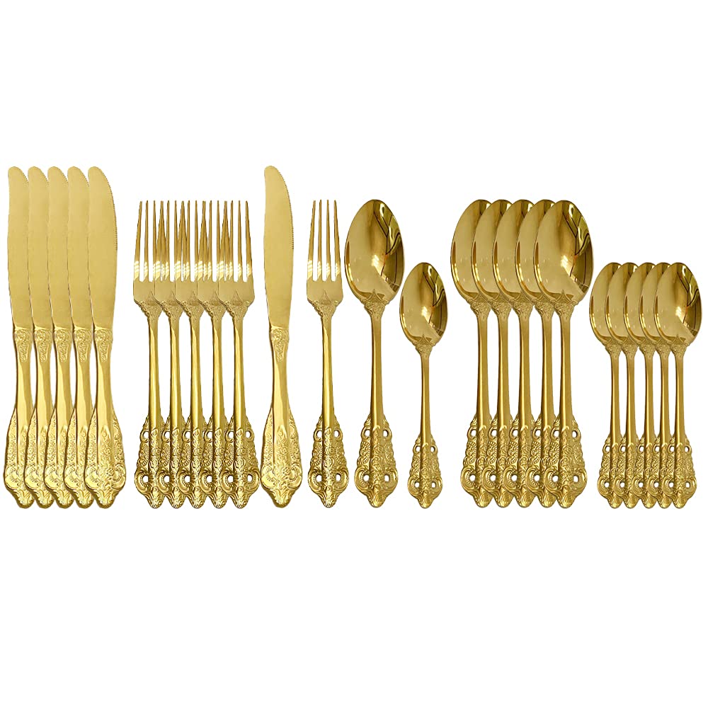 24-Piece Stainless Steel Mirror Finish Silverware Set - Gold Cutlery Set with Knife, Fork & Spoon for Dining, Parties & Kitchen Use - Elegant Western Dinnerware by ZZYY