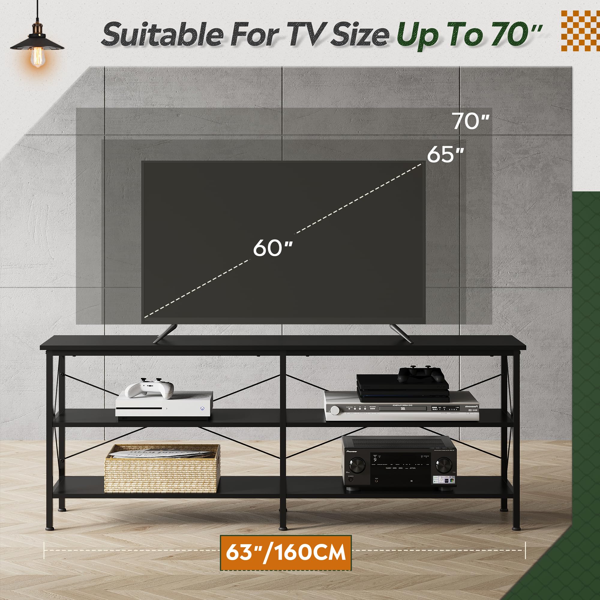 WLIVE 70 Inch TV Stand with 3-Tier Storage Shelves - Black Entertainment Center for Living Room & Bedroom - Perfect for 55-70 Inch Flat Screen TVs, Gaming Consoles & Media Storage