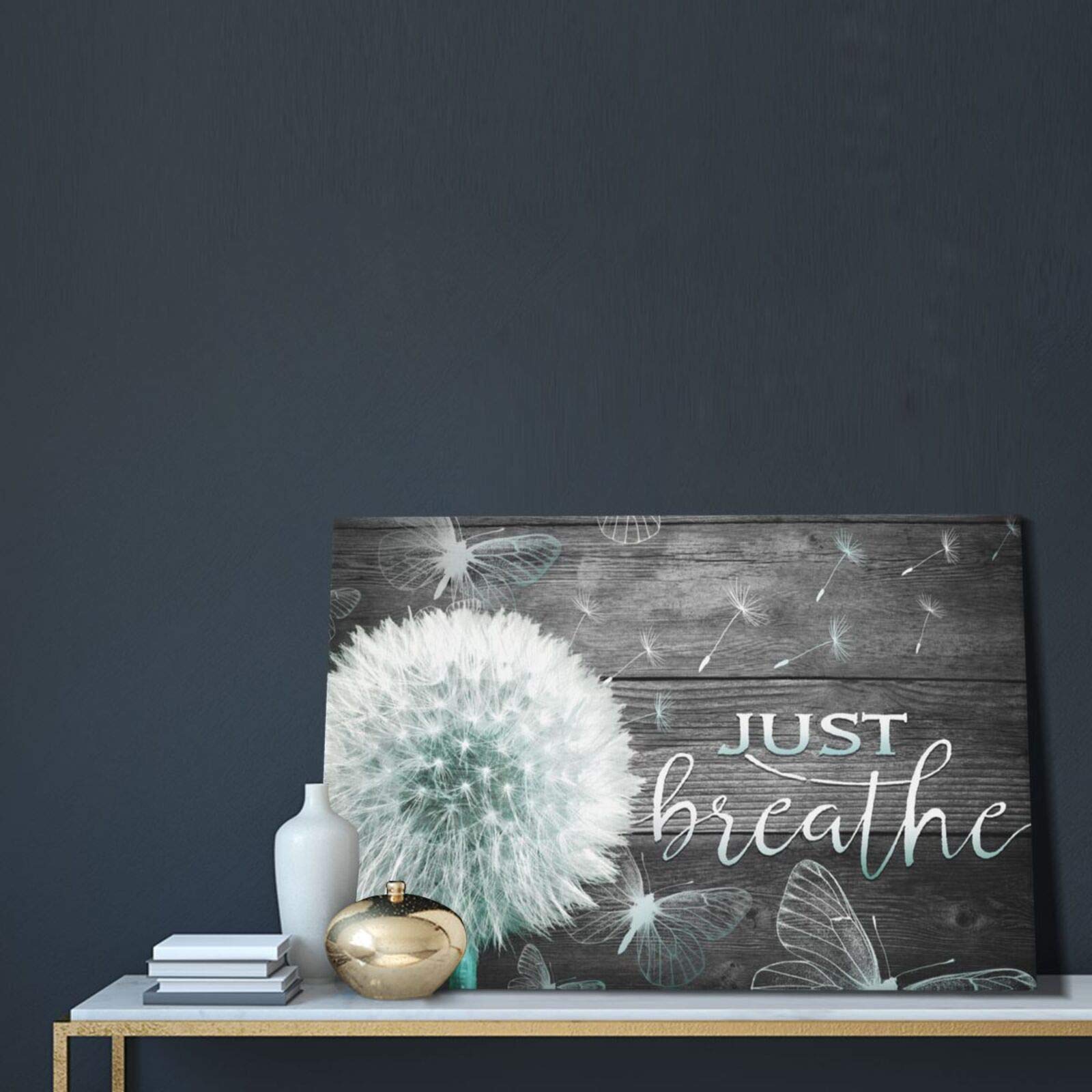 BOLDROLE Just Breathe Gray Dandelion Canvas Wall Art - 16x24 Inch Framed Ready to Hang Floral Print for Living Room, Bathroom, Bedroom & Office Decor - Perfect for Home, Spa Relaxation & Meditation Spaces