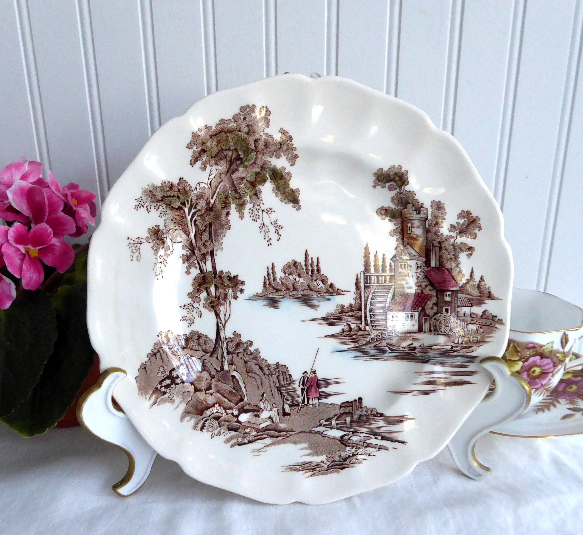 Johnson Brothers The Old Mill Salad Plate - Vintage 1960s English Brown Transferware - Perfect for Farmhouse Dining, Tea Parties & Collectible Display
