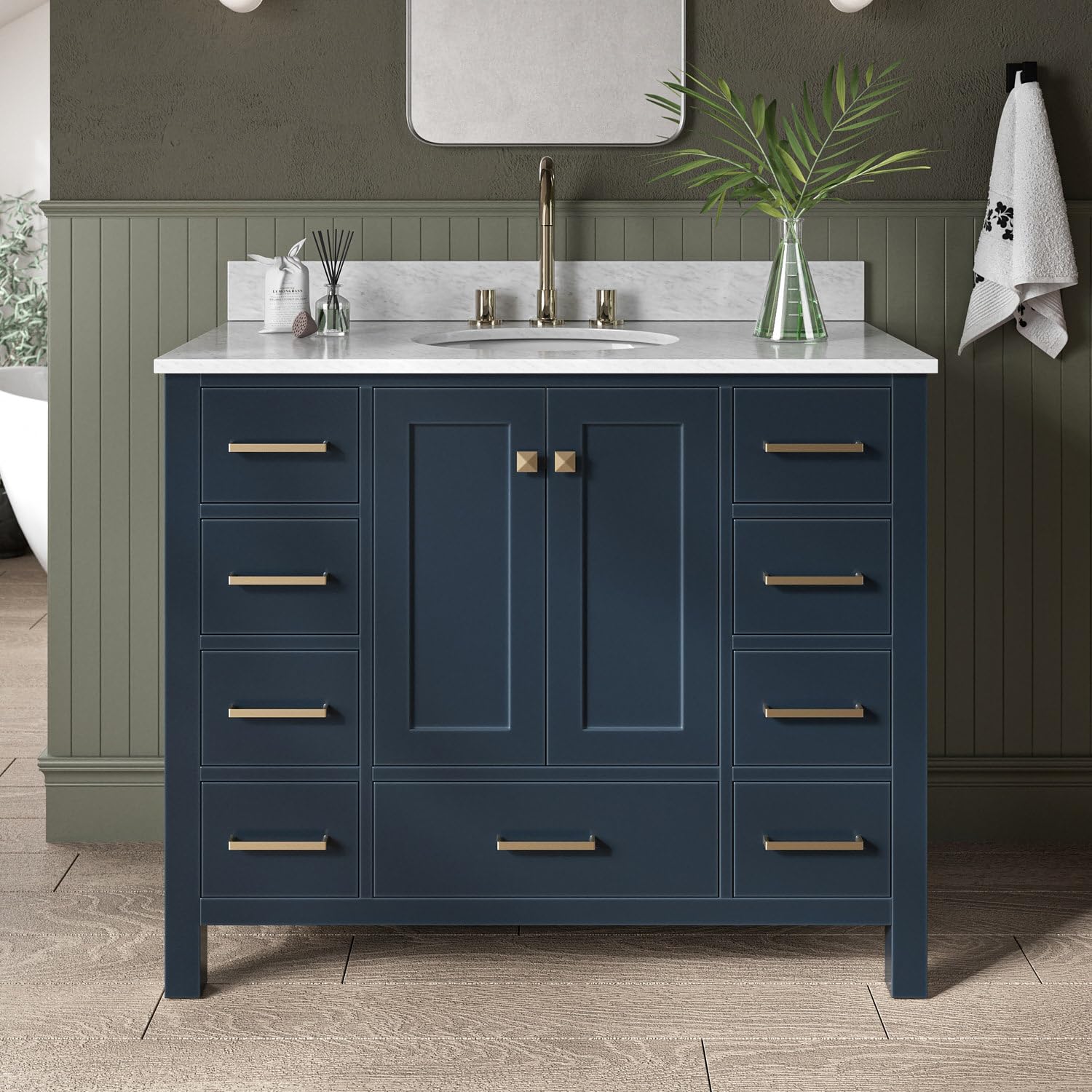 ARIEL Cambridge 43 Inch Blue Bathroom Vanity with Carrara Marble Top & Oval Sink - Solid Wood Midnight Blue Base Cabinet with 2 Soft-Closing Doors & 9 Drawers - Perfect for Modern Bathroom Renovation & Small Space Design