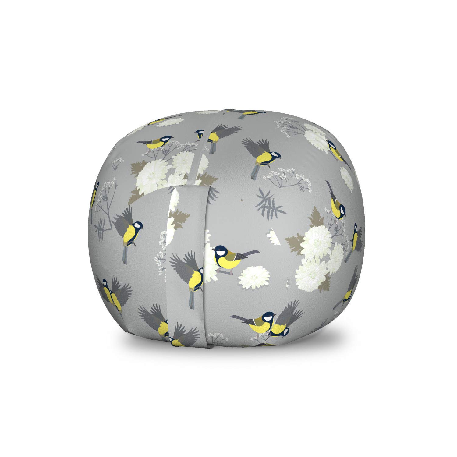 Ambesonne Vintage Bird Print Toy Storage Bag Chair - Titmouse & Chrysanthemum Design, Washable Stuffed Animal Organizer, Small Size in Dimgray Yellow - Perfect for Kids' Room Organization & Nursery Decor