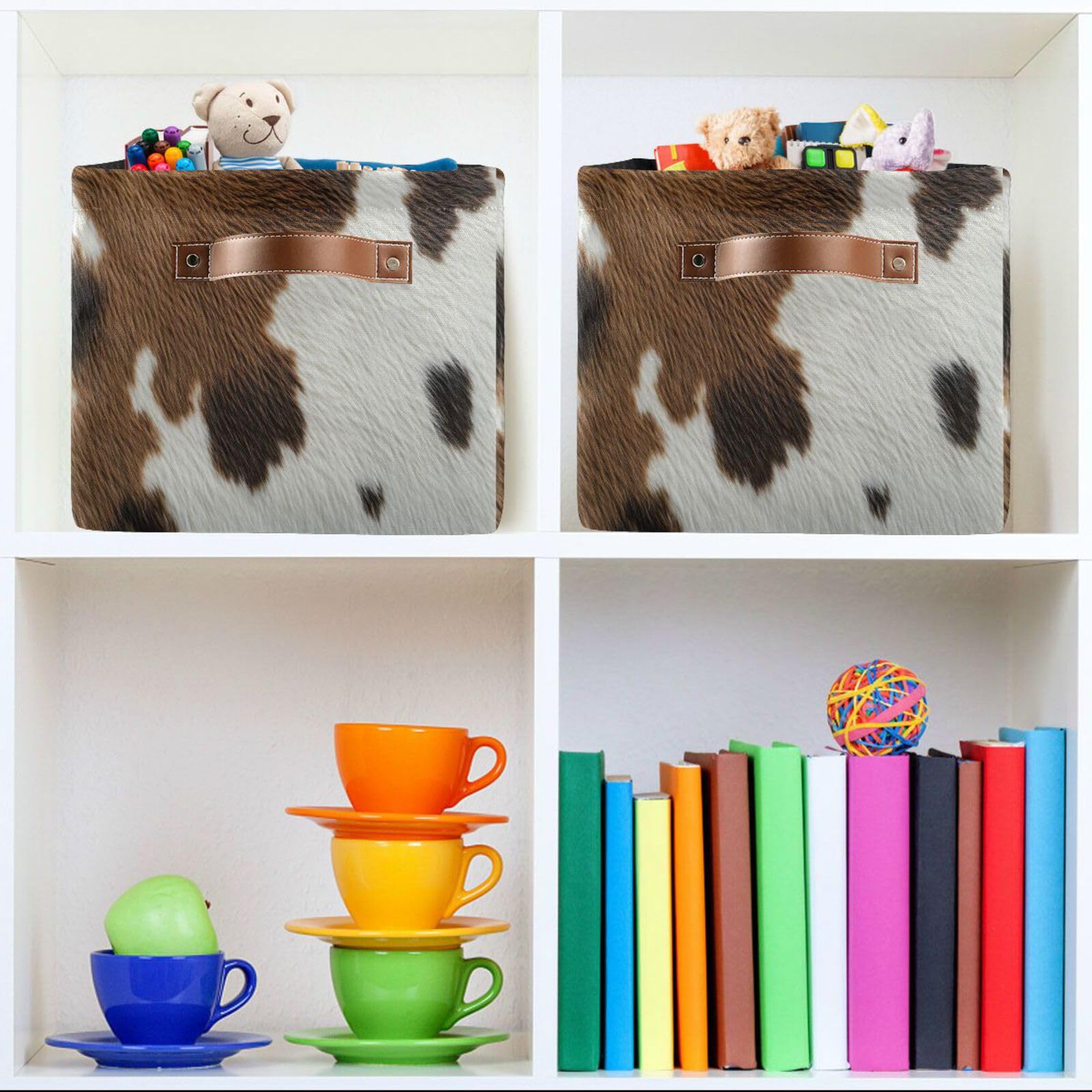 **Cow Print Large Square Storage Basket Bin with Handles (2-Pack) – Foldable Multi-Functional Closet Organizer for Toys, Books, Clothes – Perfect for Nursery, Playroom & Bedroom Organization**