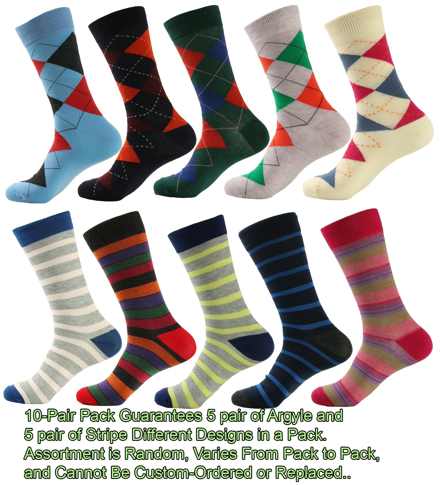 Premium Men's Dress Socks 10-Pack - Classic Argyle & Stripe Patterns for Business, Office & Formal Occasions