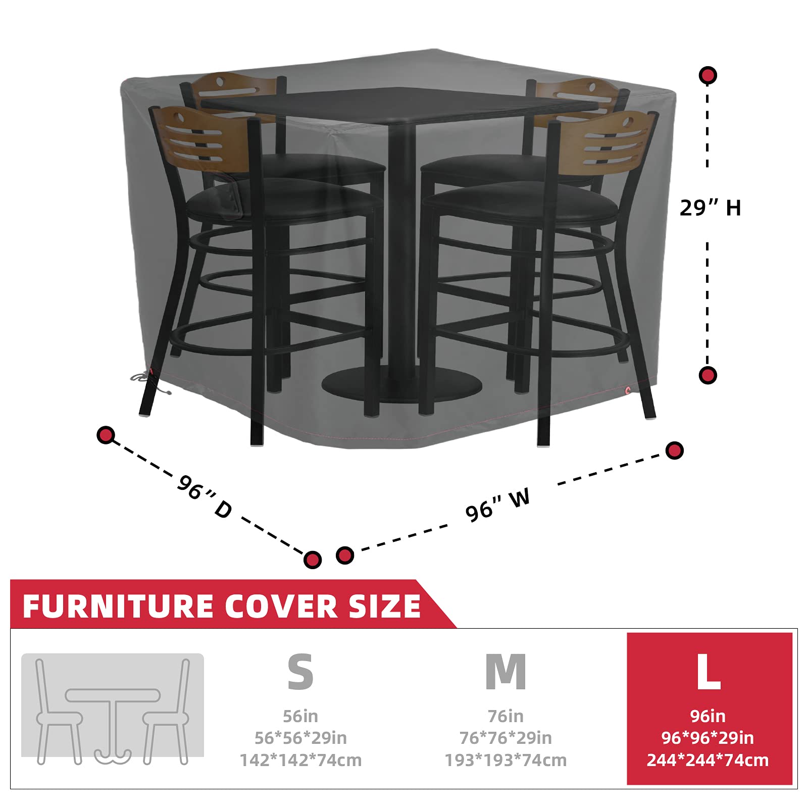 Heavy Duty Waterproof Outdoor Patio Furniture Cover - 96x96x29 Inch UV Resistant Square Dining Table & Chairs Protector - Black - Perfect for Backyard, Deck, and Garden Furniture Protection