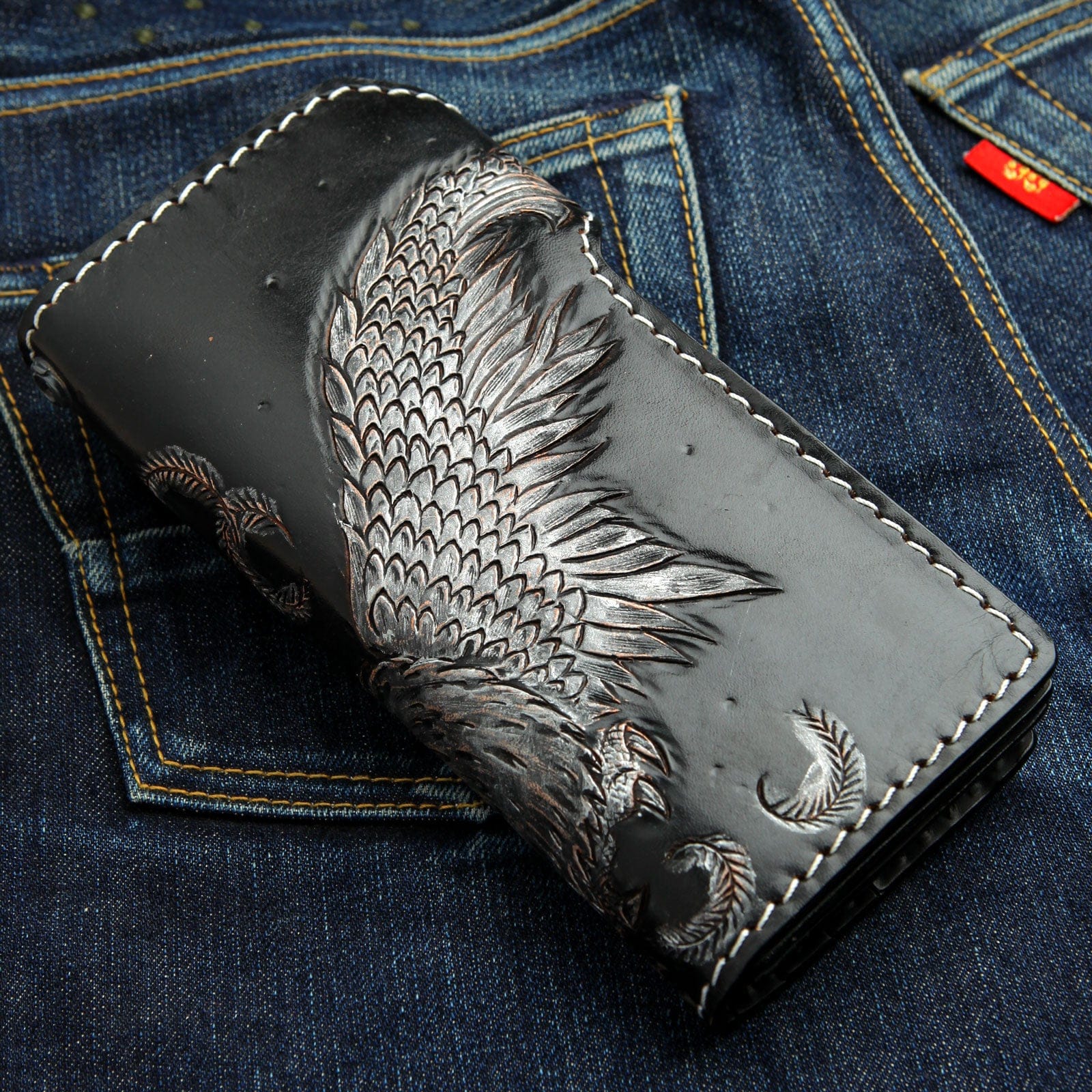 Genuine Cowhide Leather Biker Wallet for Men - American Eagle Harley Davidson Style - Perfect for Motorcycle Riders & Everyday Use