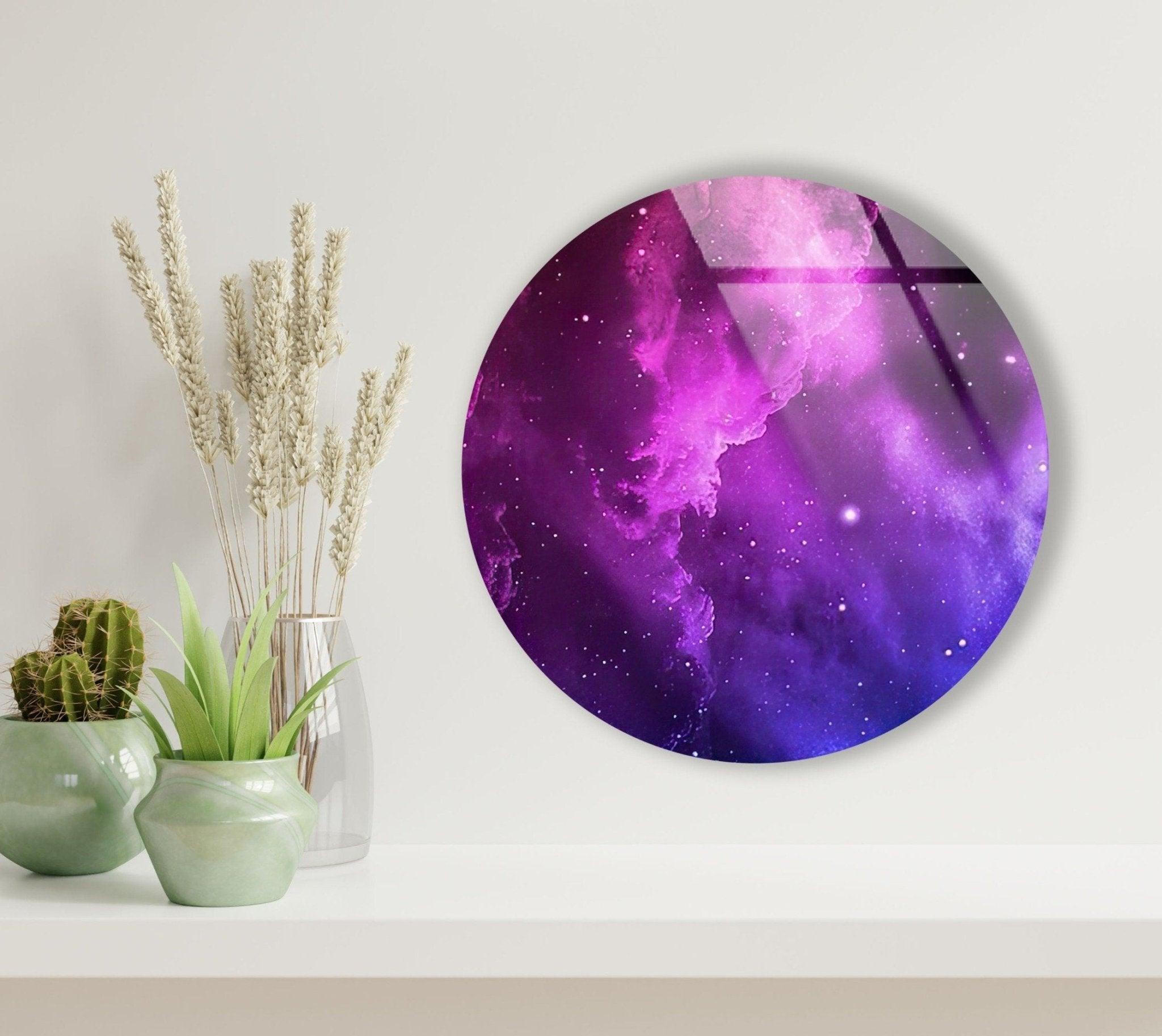 Abstract Round Purple Smoke Glass Wall Art - Modern Home Decor for Living Room, Bedroom & Office - Handmade Glass Wall Hanging for Unique Interior Design
