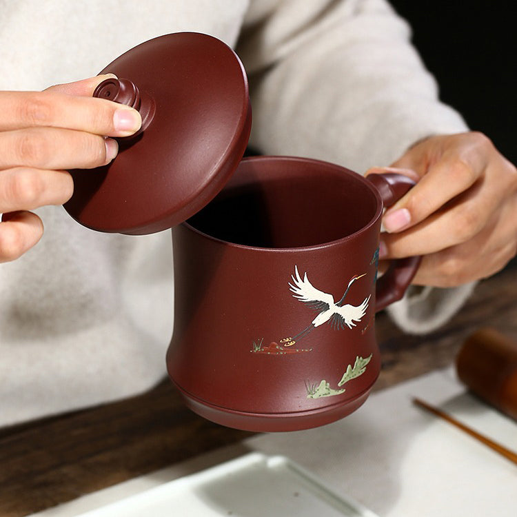 Premium Yixing Purple Clay Pine Crane Tea Cup - Handcrafted Chinese Ceramic Teacup for Gongfu Tea Ceremony, Gift for Tea Lovers - Perfect for Relaxing Tea Time & Zen Meditation