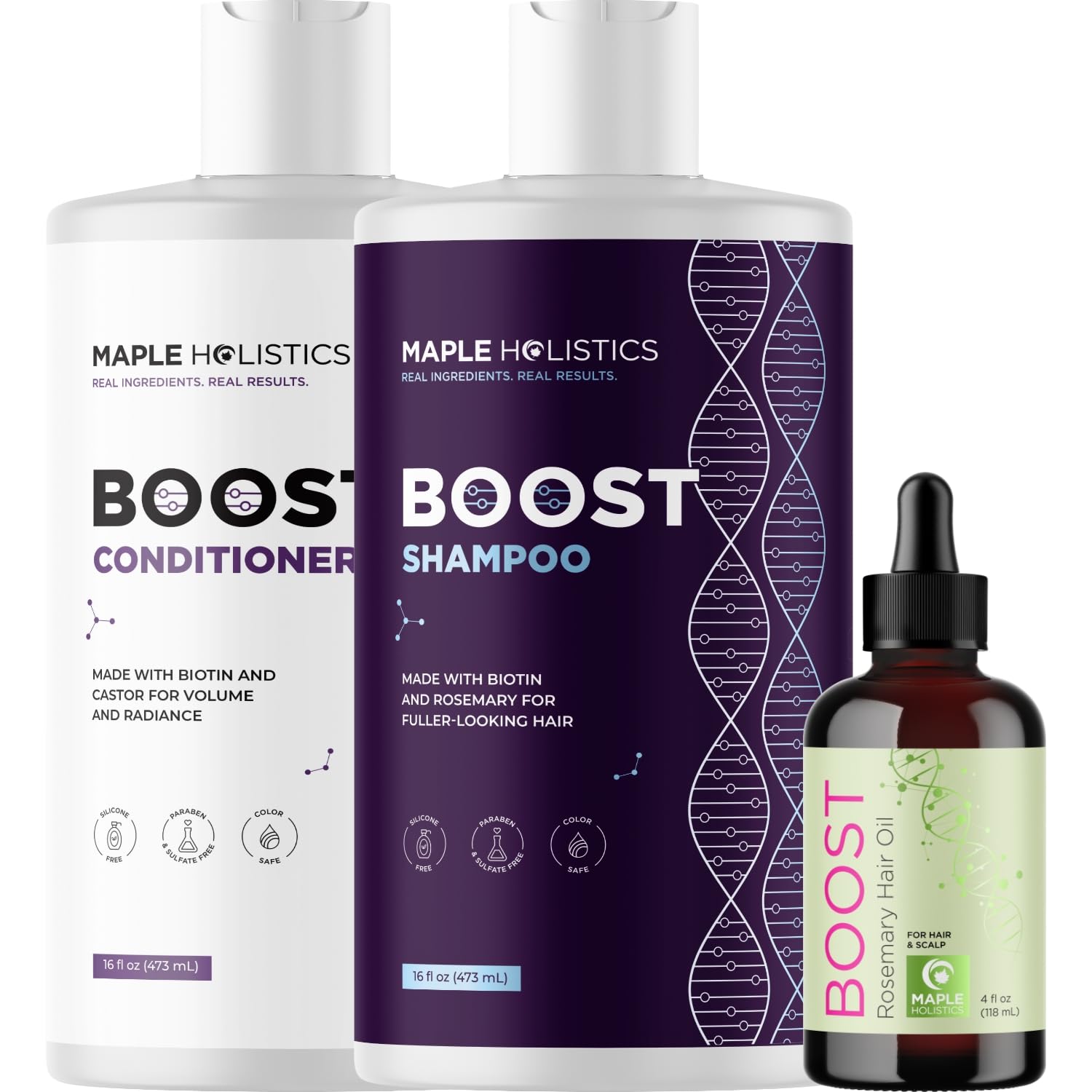 BOOST Biotin Hair Growth Oil & Volumizing Shampoo Conditioner Set - Castor Rosemary Hair Thickening Treatment for Men & Women | Daily Hair Care for Thicker Fuller Hair | Perfect for Damaged Hair Repair & Scalp Nourishment